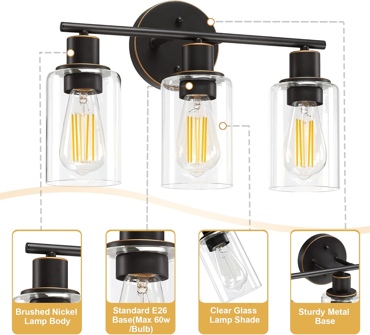 Pia Ricco Bathroom Vanity Light Fixtures, 3-Light Bathroom Wall Lights with Clear Glass Shades, Oil Rubbed Bronze Modern Vanity Light Over Mirror, Wall Sconces for Living Room Bedroom Hallway