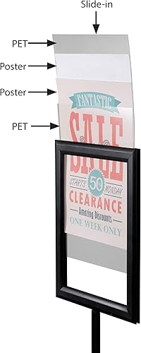Soporte para letrero de pedestal con poste telescópico y marco de póster fácil de abrir, doble cara (negro, 8.5 x 11 pulgadas)