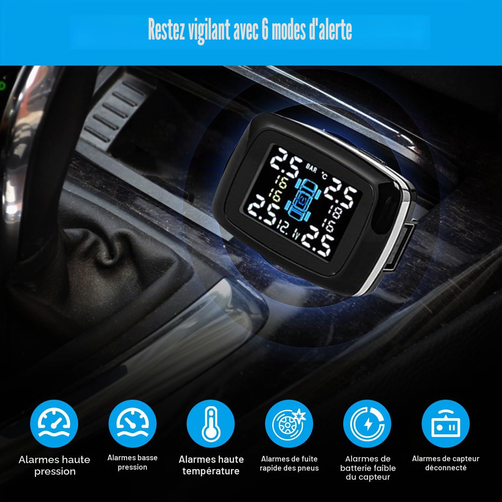 Système de surveillance de pression des pneus, système de pression des pneus TPMS sans fil pour voiture, 6 modes d'alarme, luminosité de l'écran et angle de moniteur réglables pour camping-car, SUV