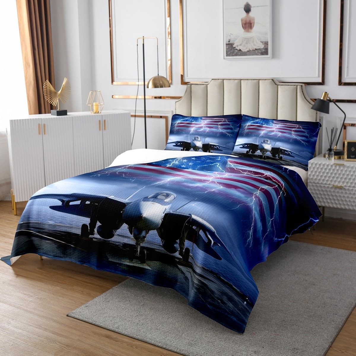 Homewish 3D Aircraft Bedspread Twin Size,American Flag Bedding Set 2Pcs for Kids Boys Teens,Glowing Lightning Comforter Set Fashion Cool Airplane Quilt Coverlet Adult Bedroom Decor,1 Pillowcase