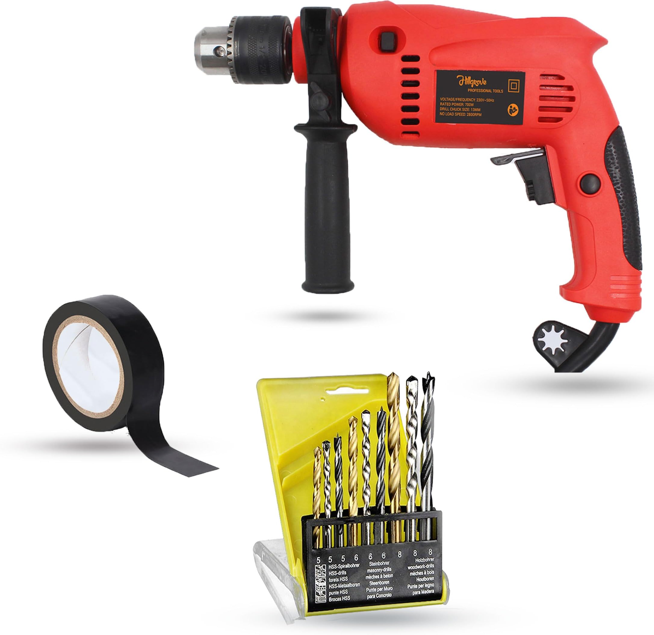 HGCM855M1 700W Power Drill Machine with 9Pcs All Type Drill Bits for Making Holes in Metal/Wood/Concrete with Reverse Rotation and Variable Speed Pistol Grip Drill (13 mm Chuck Size)