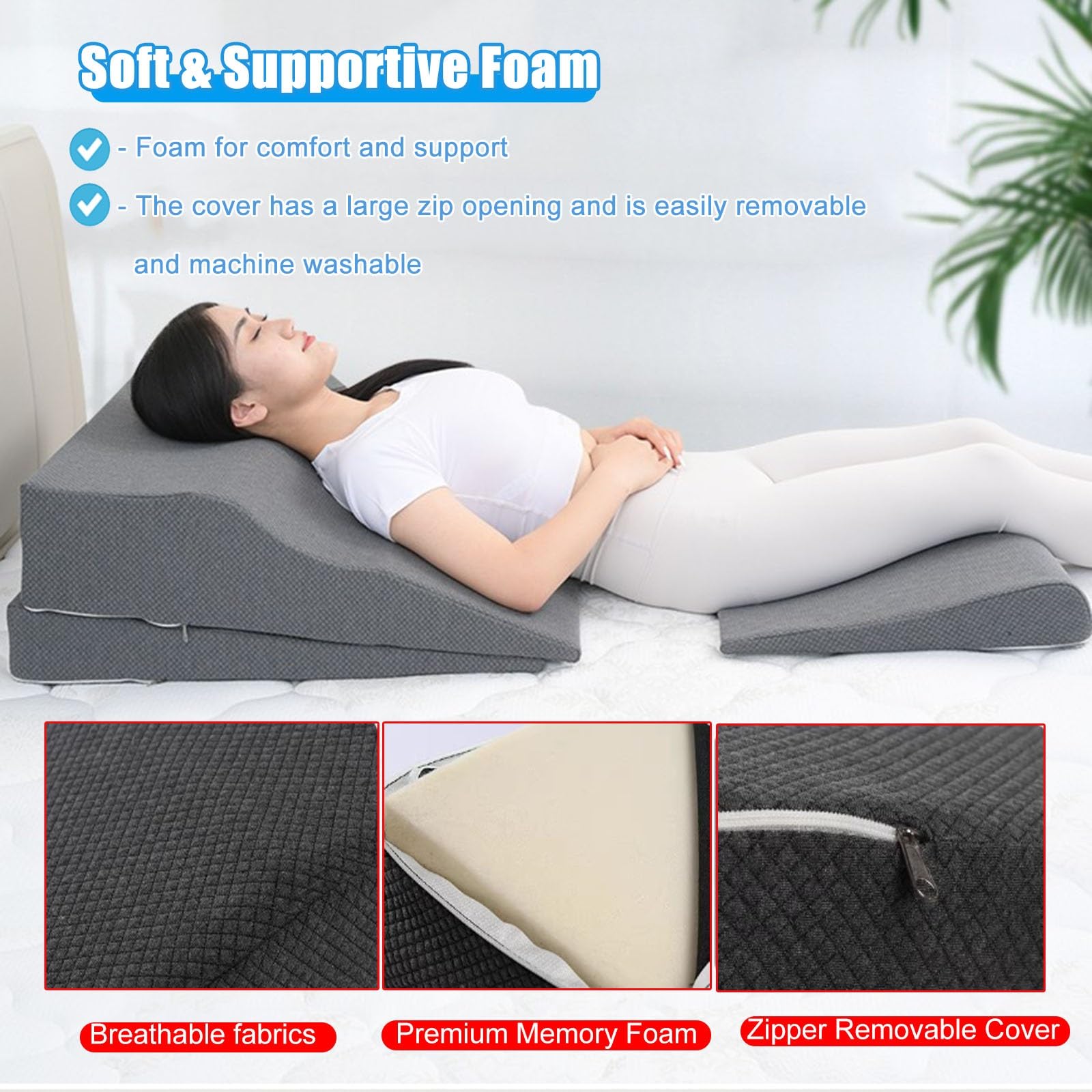 keilkissen bett keilkissen bett kopfteil Matratzenkeil gegen sauren Reflux, dreieckiges erhöhtes Kissen mit waschbarem Reißverschlussbezug für Erwachsene/ältere Menschen/Schwangere/Kinder, Rampenmatra