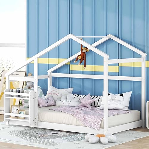 Miniatura 7 de RIDFY Cama de casa individual para niños, cama infantil con estante y techo, cama individual moderna, base de cama de plataforma de madera, no