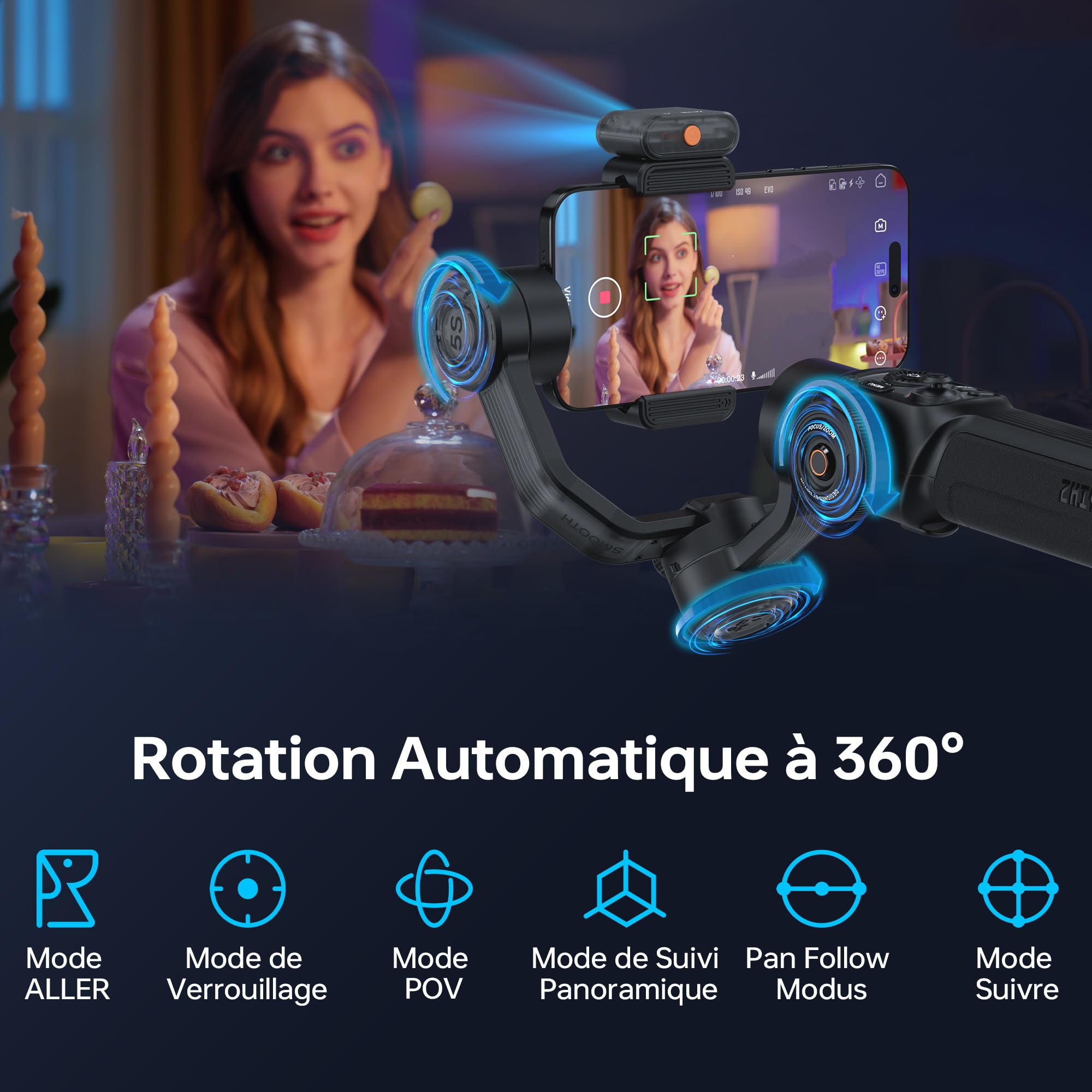 ZHIYUN Smooth-5S AI Pro[Officiel] Stabilisateur Smartphone, Handy Gimbal à 3 Axes, avec Trépied, AI Tracker, Feux de Remplissage, Stabilisateur Téléphone Portable, pour Vlog, Youtube, TikTok