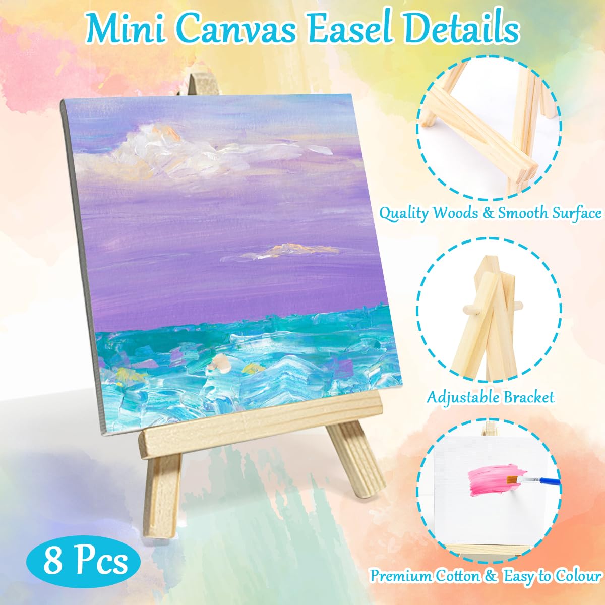 Lot 24 Mini Toiles 15x15cm Avec Chevalets + 12 Pinceaux + 5 Palettes - Kit Peinture Acrylique