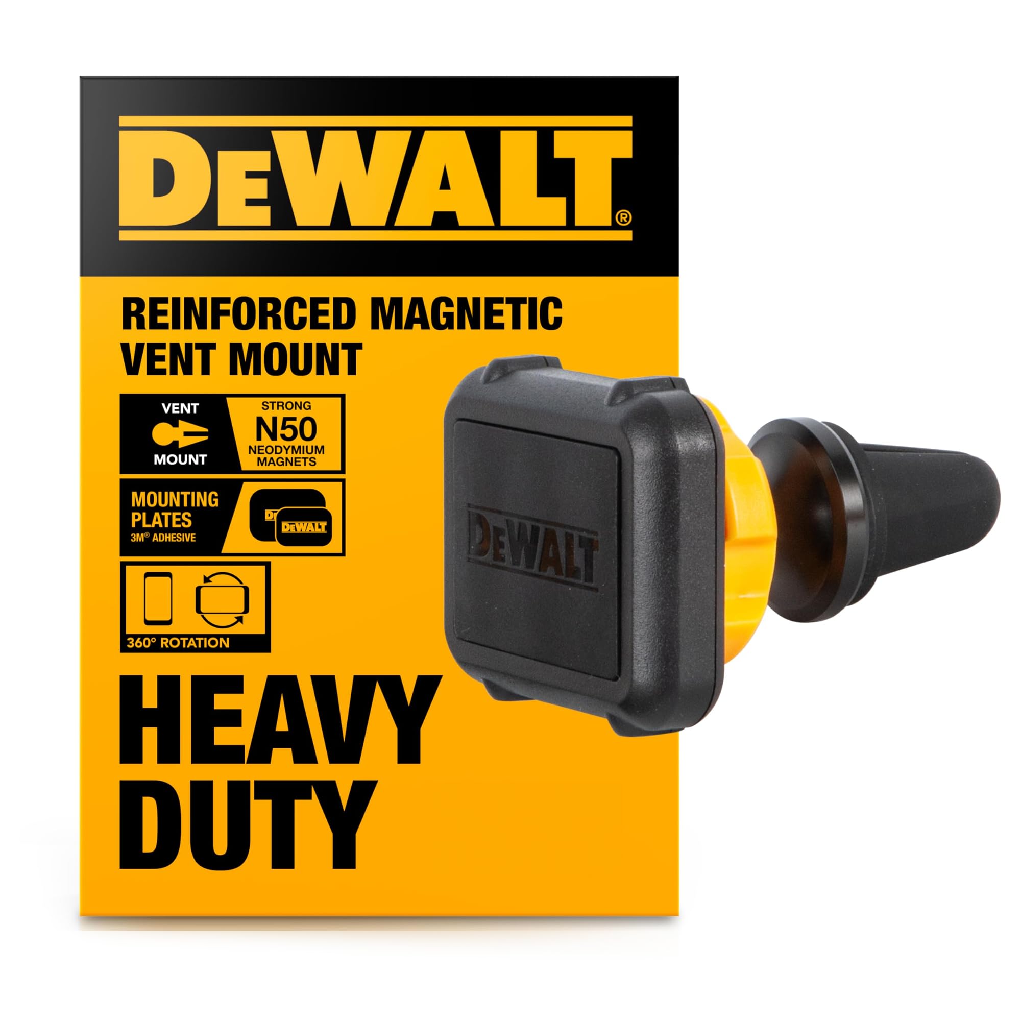 DEWALT Heavy Duty Magnetic Phone Holder for Car, Universal Air Vent Magnetic Car Phone Holder, Reinforced Automobile Mount for Mobile Devices and Mini Tablets, Incl Metal Plates for NonMagSafe Devices