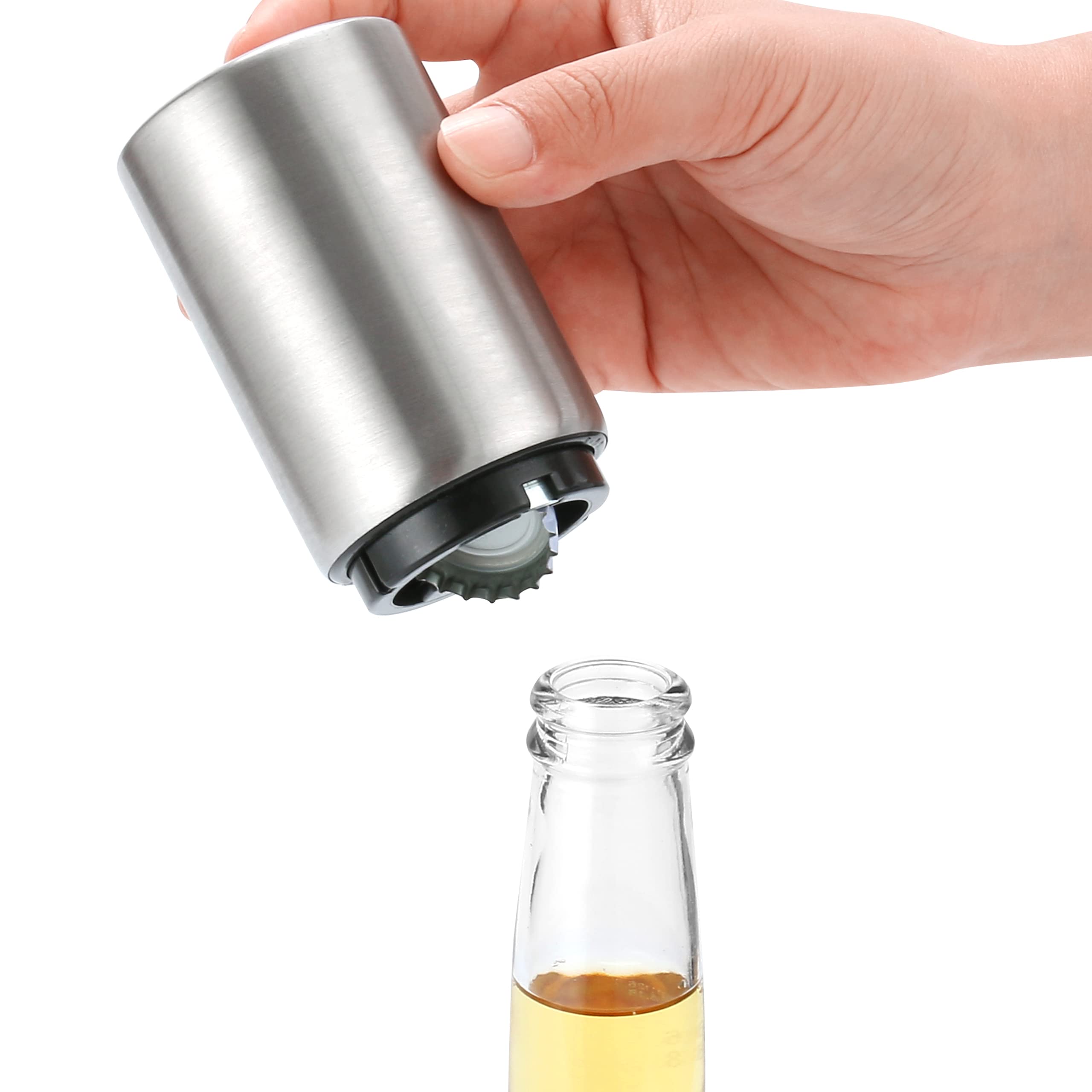 Abridor automático de botellas con mecanismo magnético, abrebotellas compacto plateado