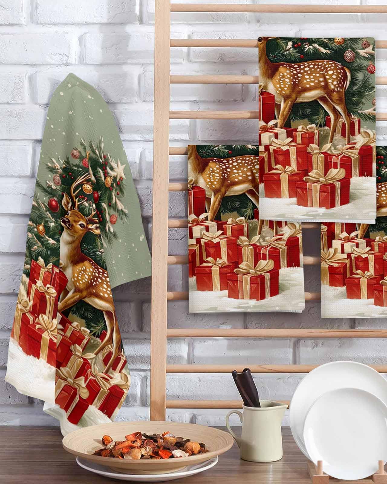 Hokiten Green Christmas Waffle Kitchen Towels Dishcloths, Xmas Elk Tree Snowflake Absorbent Dish Towels | Hand Towels for Bathroom/Bar, 16 x 24 Inch, 2 Pcs