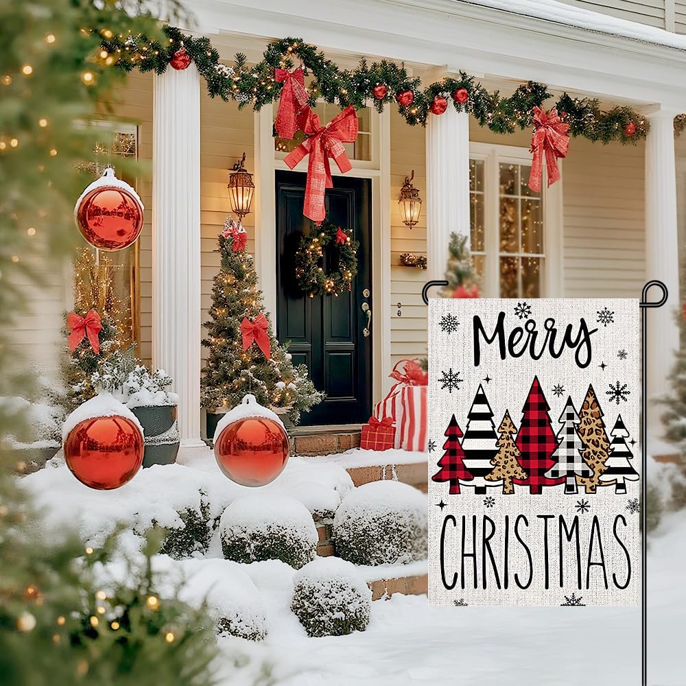 Christmas Tree Garden Flag 12x18 Double Sided Burlap, Rustic Holiday Yard Flag for Outside, Merry Xmas Outdoor Porch Decorations DF940 - Image 3
