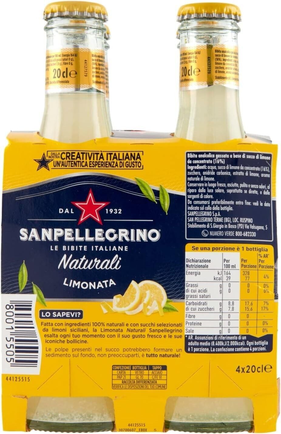 48x San Pellegrino Limonata Naturali Bevanda Analcolica Rinfrescante con succo di limone italiano, Bottiglia di vetro 20cl