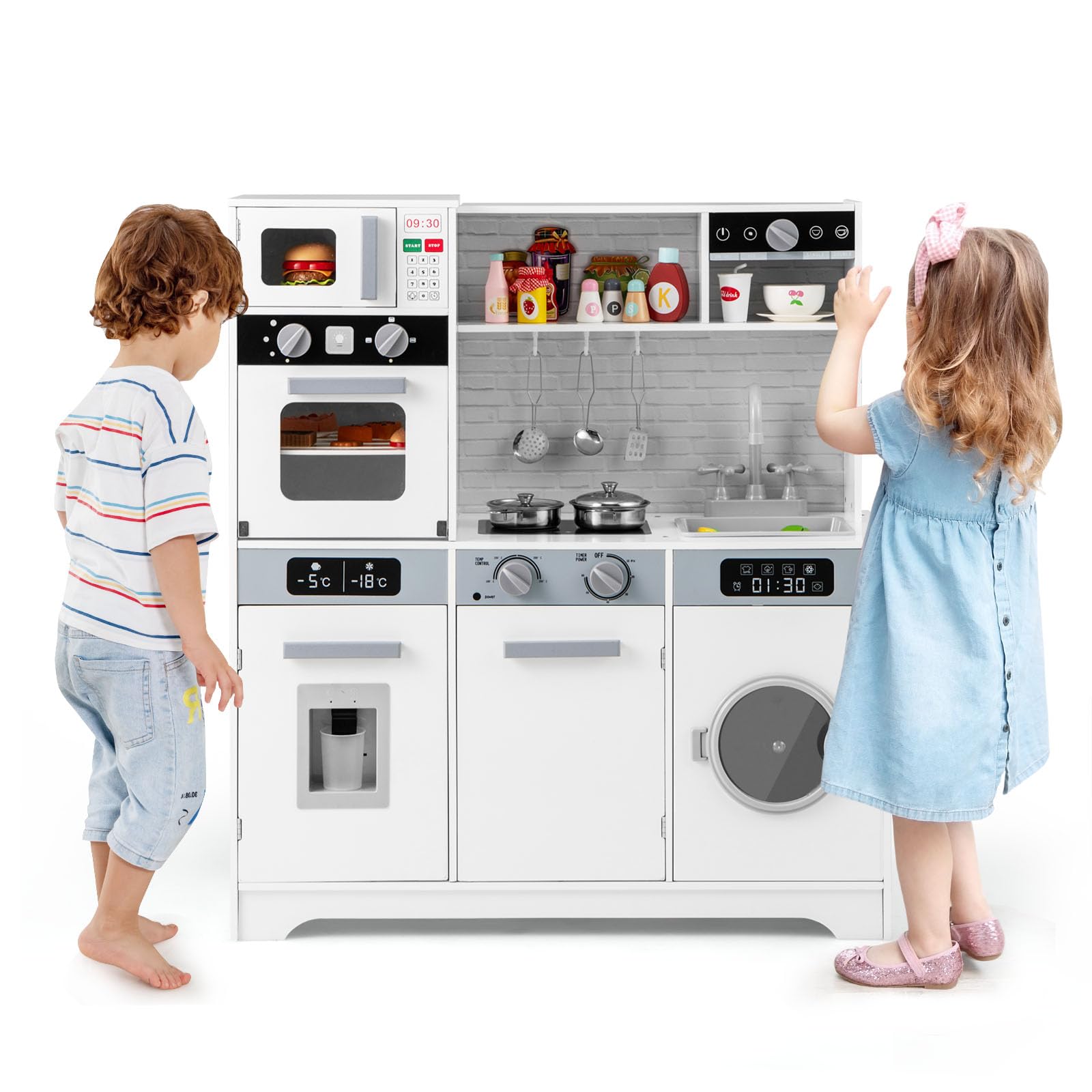 HOMASIS Spielküche mit Zubehör, Kinderküche Holz, Spielzeugküche mit Spüle Wasserhahn Herd Ofen Waschmaschine Kühlschrank, Holzküche mit Licht & Sound, Kinderspielküche für Kinder ab 3 Jahre, Weiß