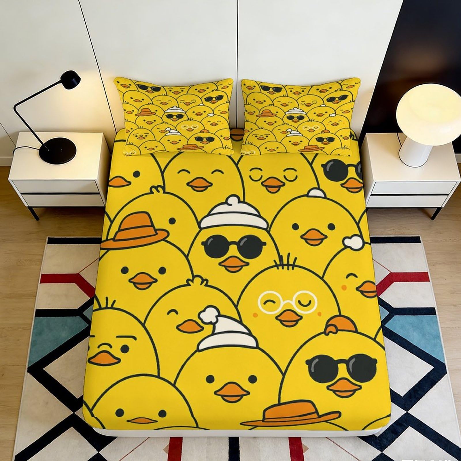3D Printed Cartoon Duck Fitted Sheet Microfiber Soft Anti-Slip Yellow Chick Bed Cover for Bedroom Dorm Decor 90x200x25cm