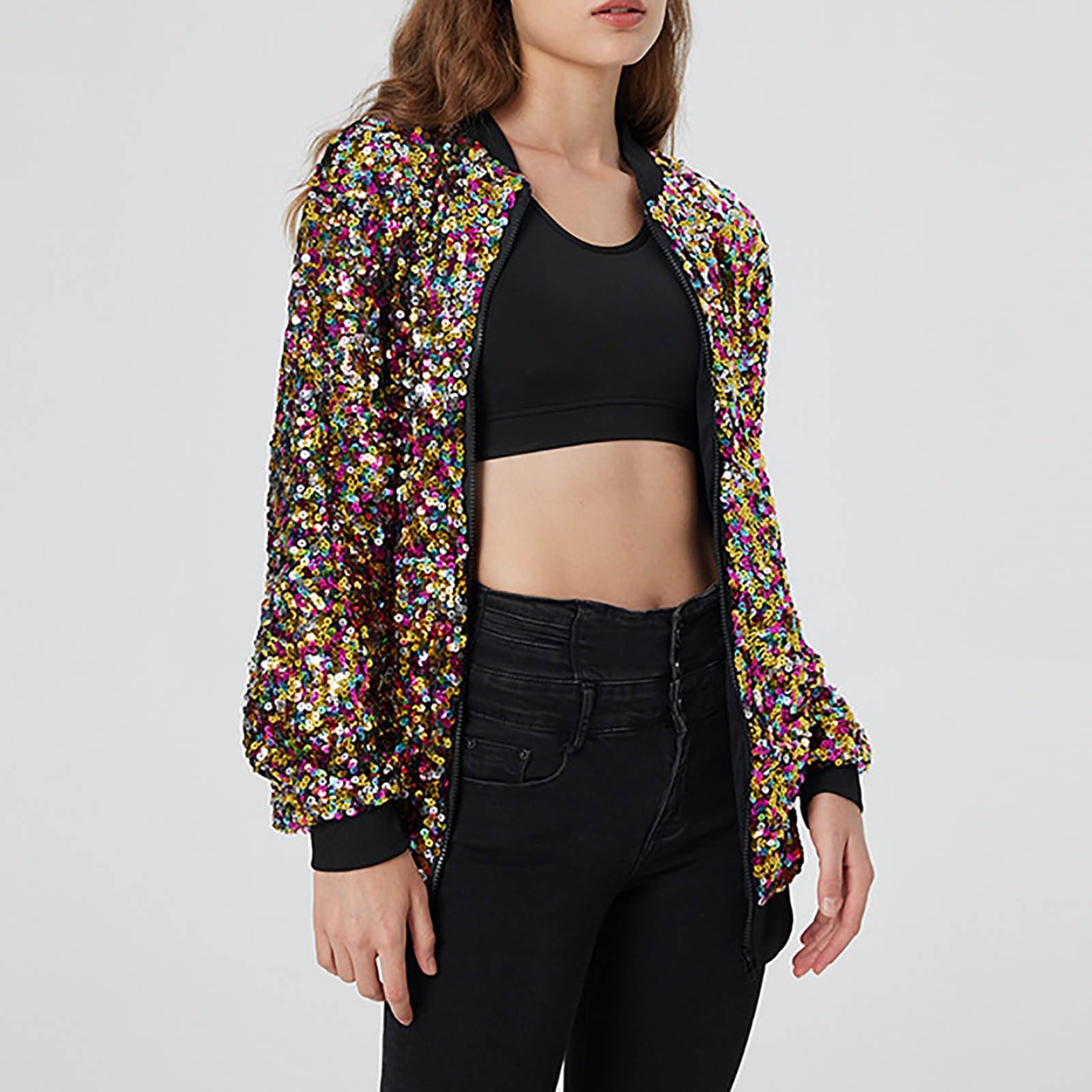 Pailletten Jacke Damen Glitzer Jacke, Damen Pailletten Open Front Blazer Langarm Glitzer Sakko Disco Outfit Blazer Langarm Sparkle Open Front Schalkragen Cardigan