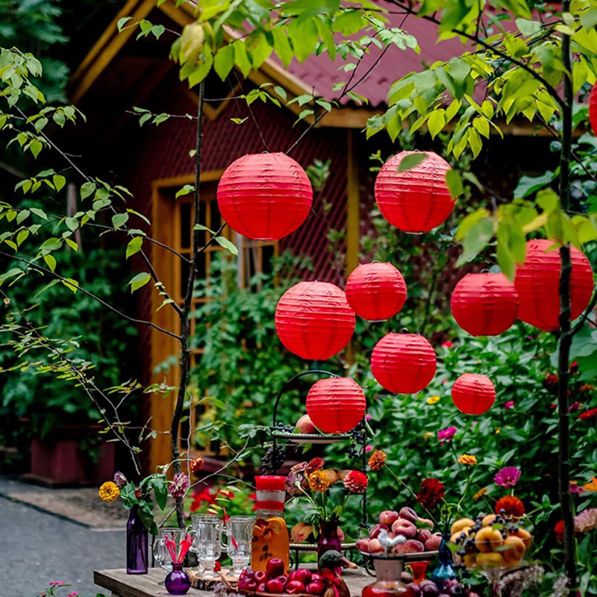 Farolillos Japoneses Redondos de Papel Colgantes, 25 Piezas, Rojo