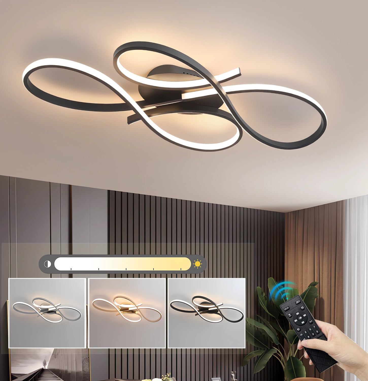 Nowoczesna lampa sufitowa LED Ściemnialne lampy sufitowe z pilotem lampy sufitowe do salonu Kreatywne oświetlenie sufitowe Lampa wisząca jadalni sypialni Lampy kuchenne (Czarny L80cm)