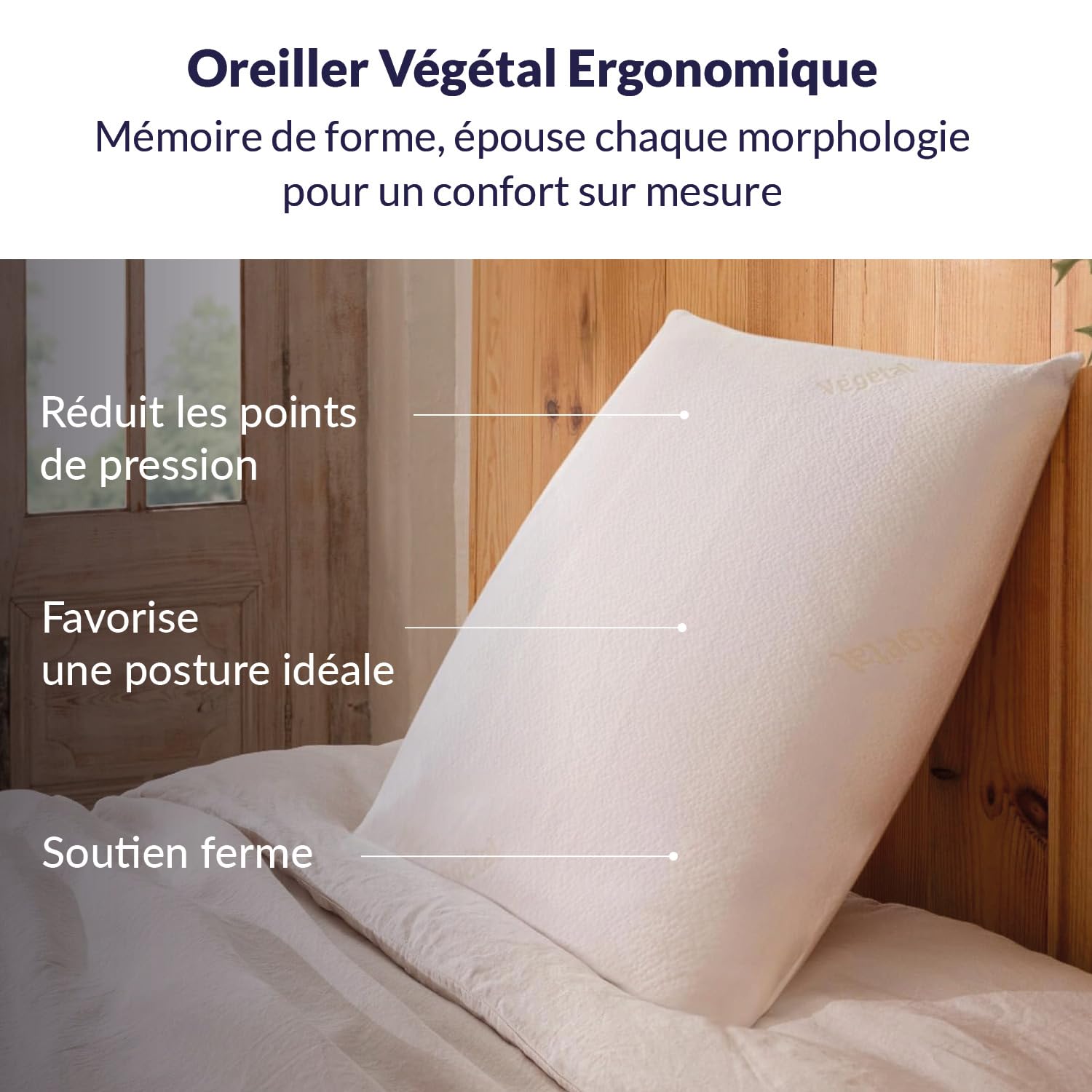 DODO | Oreiller Végétal à Mémoire de Forme 60x60 | Maintien des Cervicales | Taie déhoussable et Lavable à 40°c