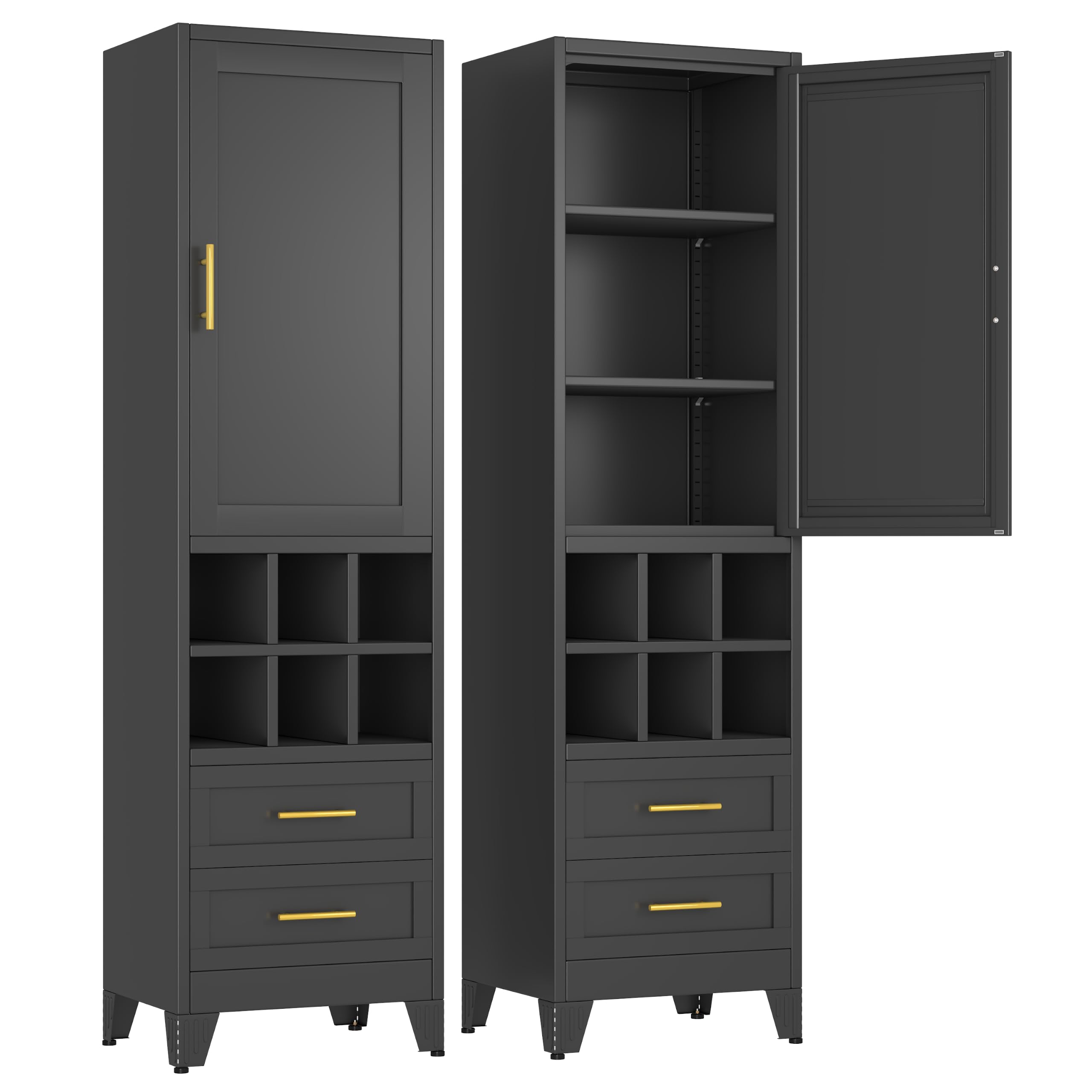 Metal Tall Narrow Storage Cabinet, Freestanding Floor Cabinet with Drawers and Adjustable Shelves, Pantry Storage Cabinet for Bathroom, Living Room, Entryway and Kitchen