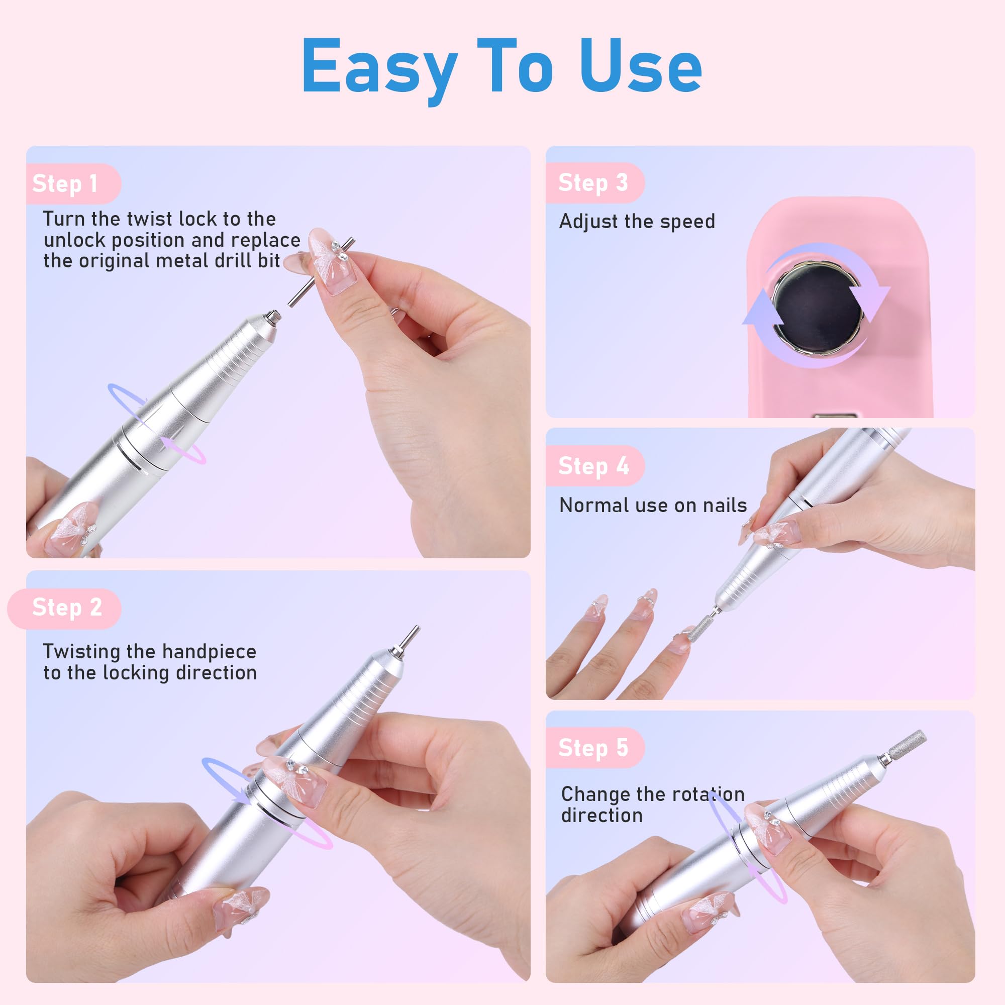Trapano elettrico professionale per unghie, 45000 giri/min, ricaricabile, senza fili, kit di lima elettrica per unghie in gel acrilico, rimozione di lucidatura, silenzioso, con punte per