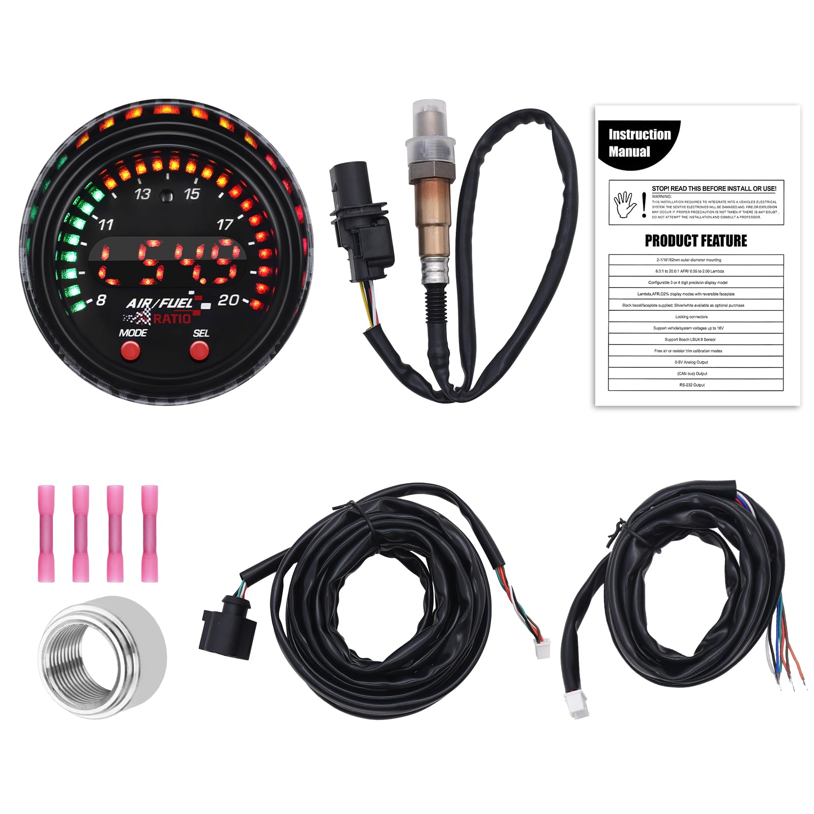 KAOLALI 30-0300 X-Wideband UEGO AFR Sensor Controller Display, 30-0300 X-Series AFR Sensor Controller Display Gauge Air Fuel Ratio 52 mm (2-1/16") Display Auto