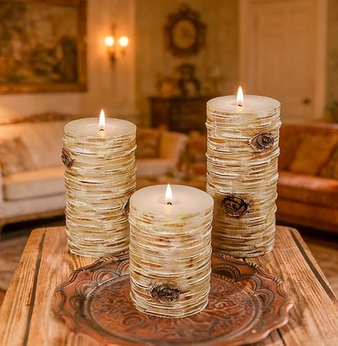 Miniatura 5 de Juego de velas de pilar con textura de corteza de abedul, cera real, 3 tamaños (4, 5, 6 pulgadas de alto), velas de chimenea de decoración rústica,