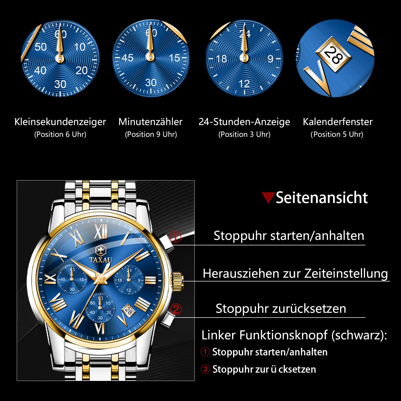 Taxau Uhr Mit Datums Leuchtend wasserdichte Klassische Geschäftlich Vintage Quarzuhren herrenuhren Römisches Zifferblatt mit Nachtsicht Leicht zu lesen Herren Uhren