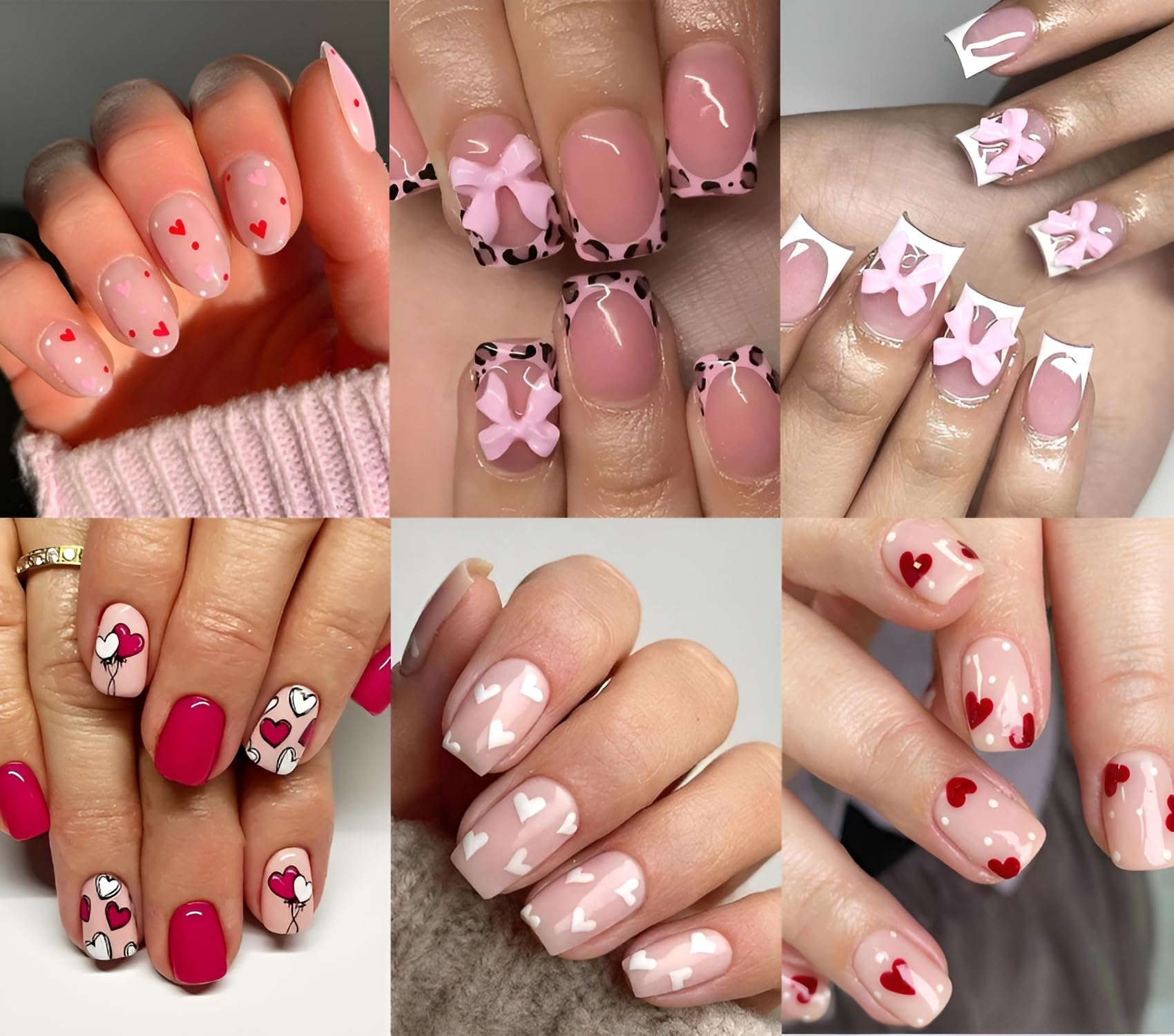 6 Packs (144Pcs) Heart Press on Nails Short Valentine Fake Nail with Bow Heart Design Glossy False Nails Acrylic Nails Square Nail Press ons Full