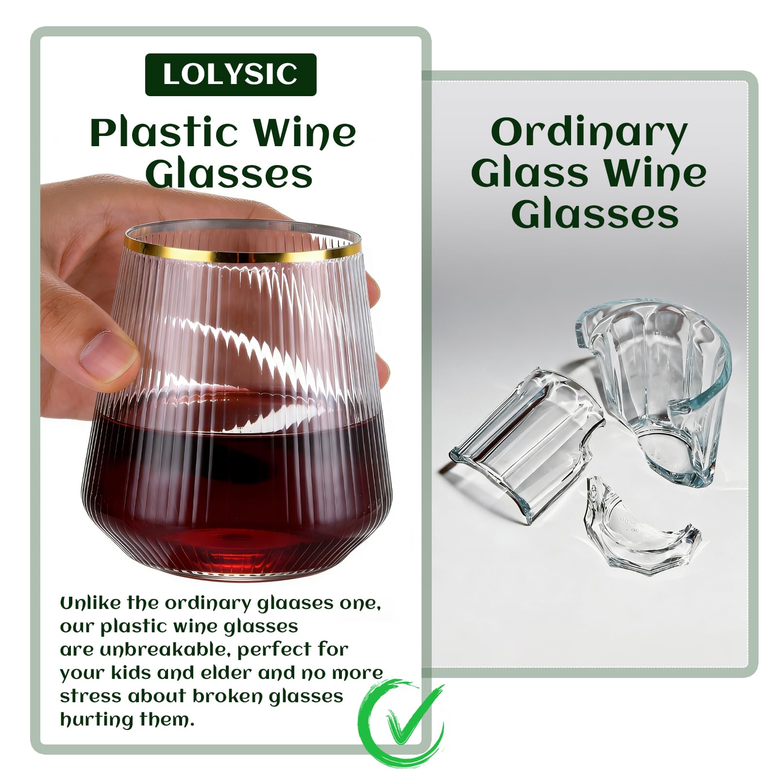 Lot de 24 verres à vin en plastique nervuré réutilisables sans pied – 350 ml – Verres en plastique réutilisables pour fête, mariage, pique-nique en plein air