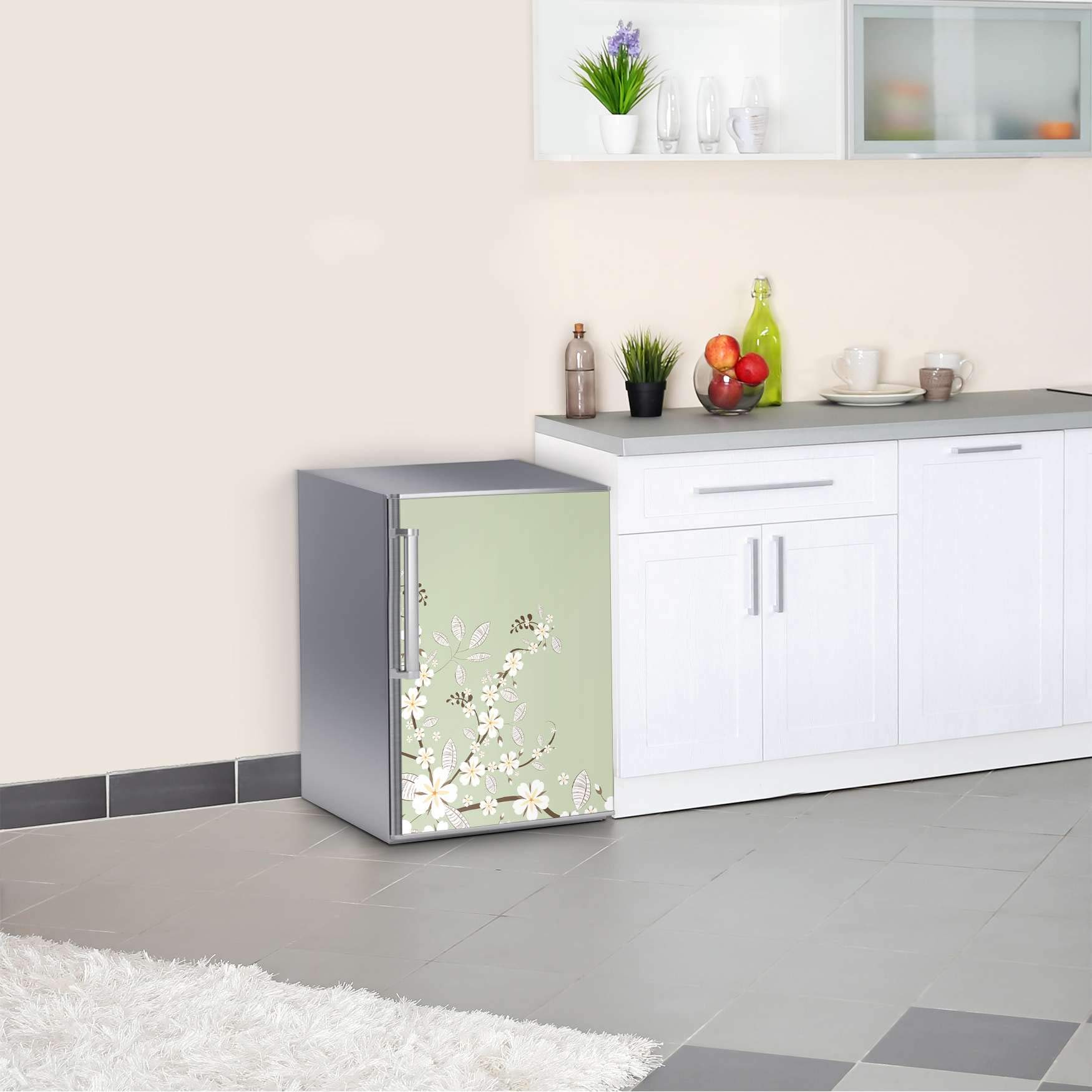 Kühlschrank Aufkleber I Dekoration für Kühlschranktür - Sticker Folie selbstklebend I Deko Küche - Design: White Blossoms