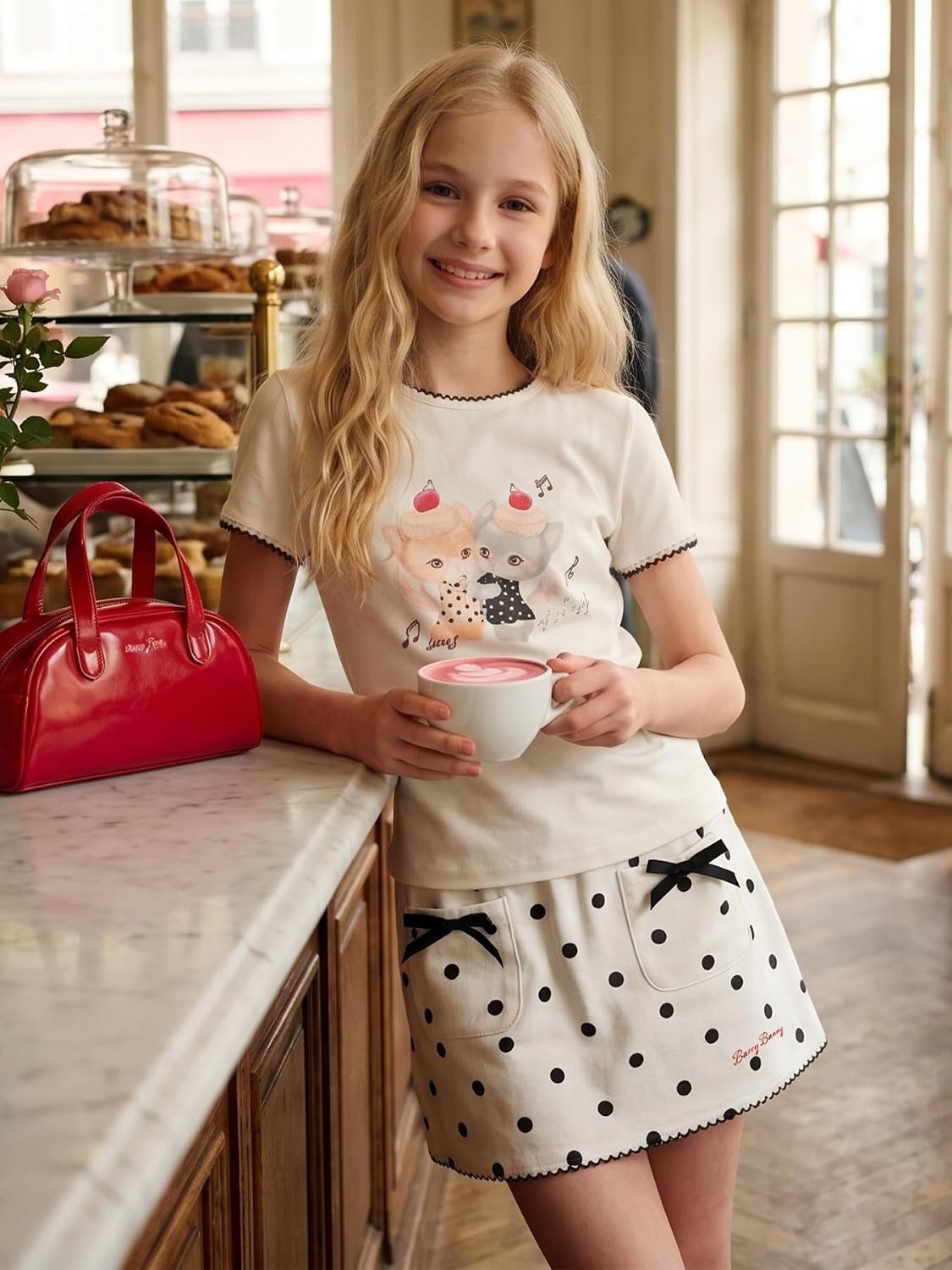 Girls White Polka Dot Skort with Bow Pockets, Cute Retro Skirt Shorts for Teens 5-15Y