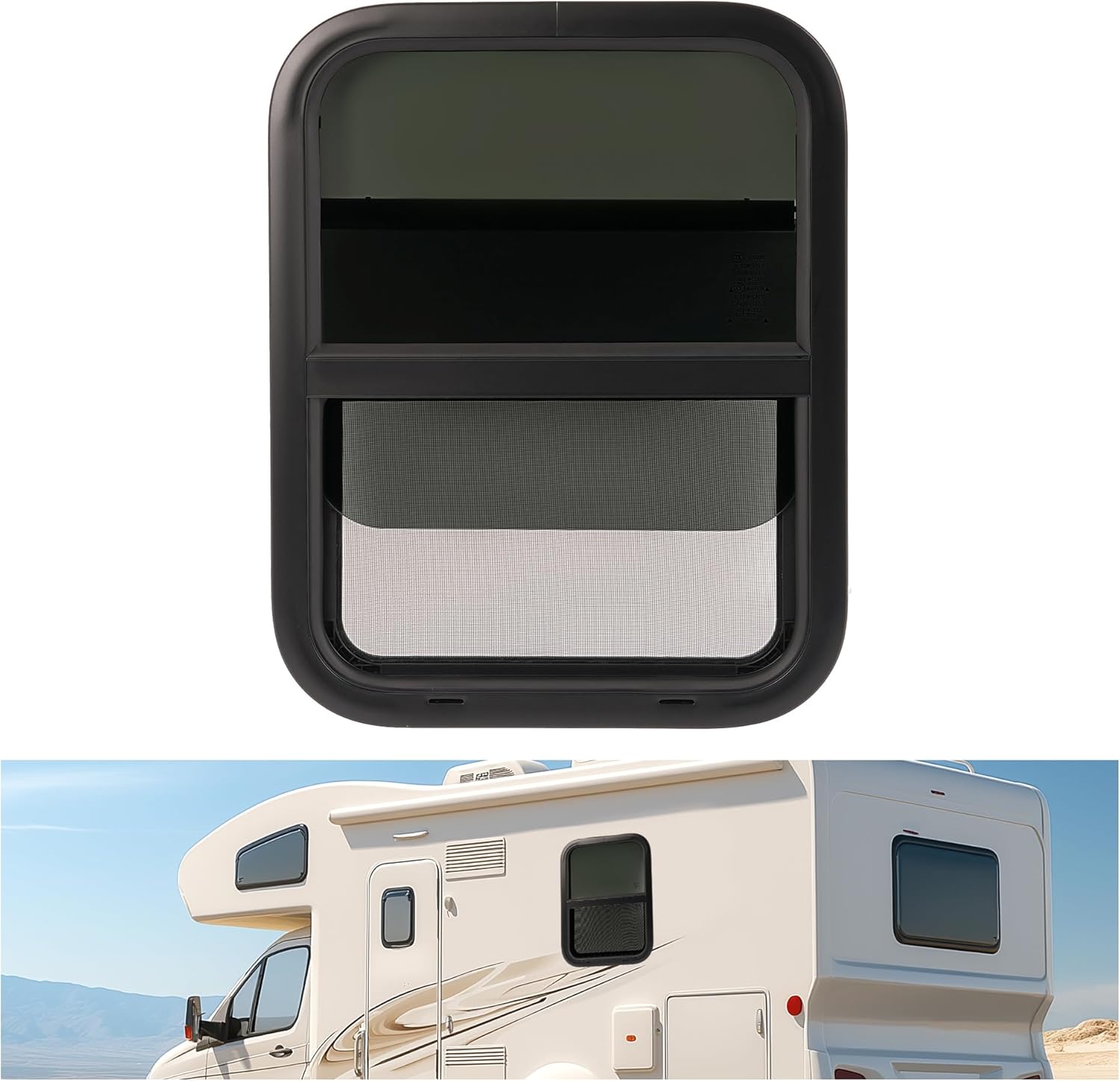 18" W X 24" H RV Window w/Trim Ring, Mesh Screen Vertical Slide For Van, Cargo, Camper, Trailer Tempered Glass Aluminium Black