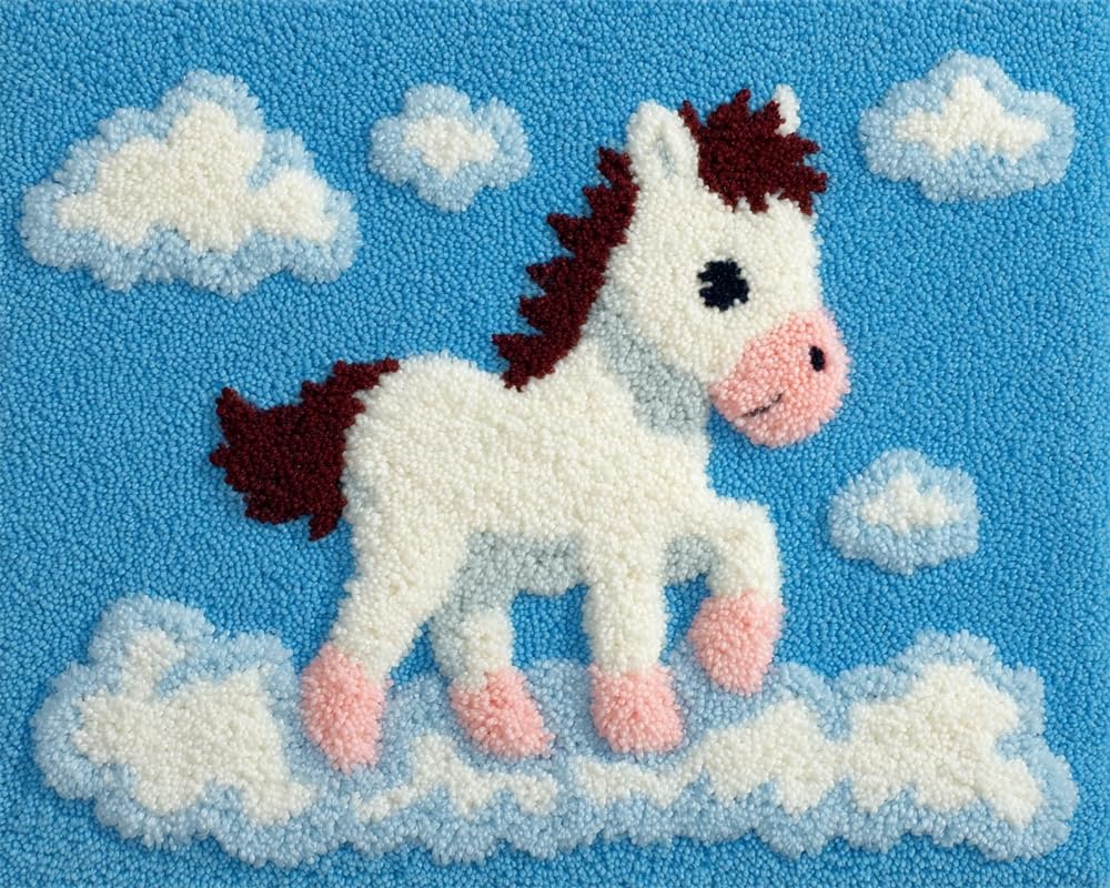 Kitquiver Animal DIY Latch Hook Rug Kits for Beginners Adults,Baby Horse On A Cloud,Latch Hook Rug Kits Carpet Making Crafts DIY Craft Gifts 15X20In