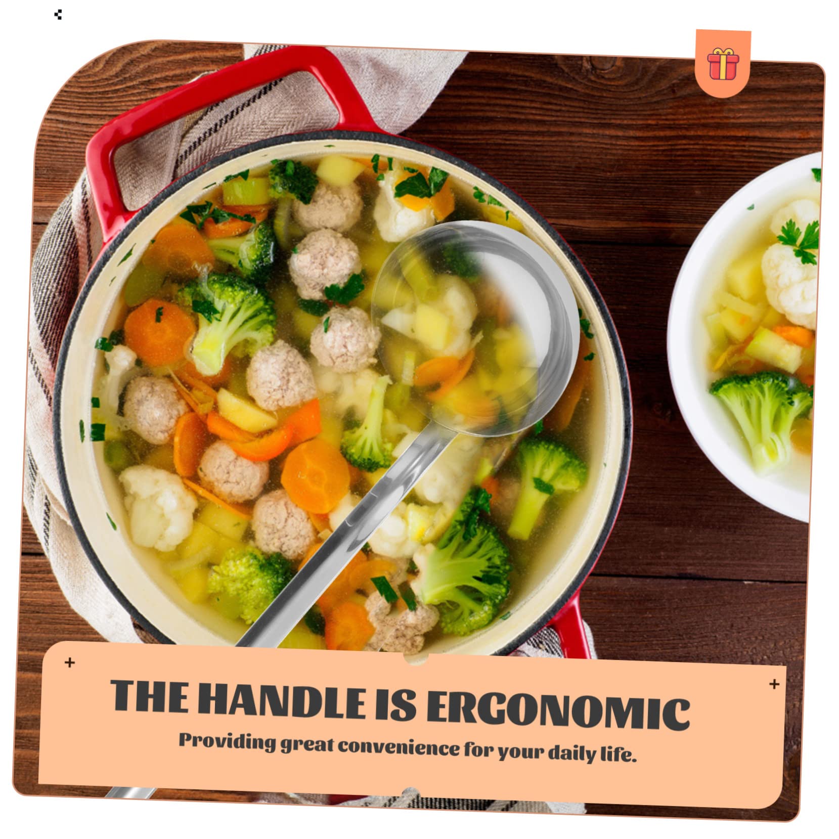 UKCOCO Cucharón De Sopa De Acero Inoxidable 300cc Mango Largo y Gancho Para Colgar, Cuchara Metálica Para Servir Salsas y Sopas Cocina Doméstica y Restauración