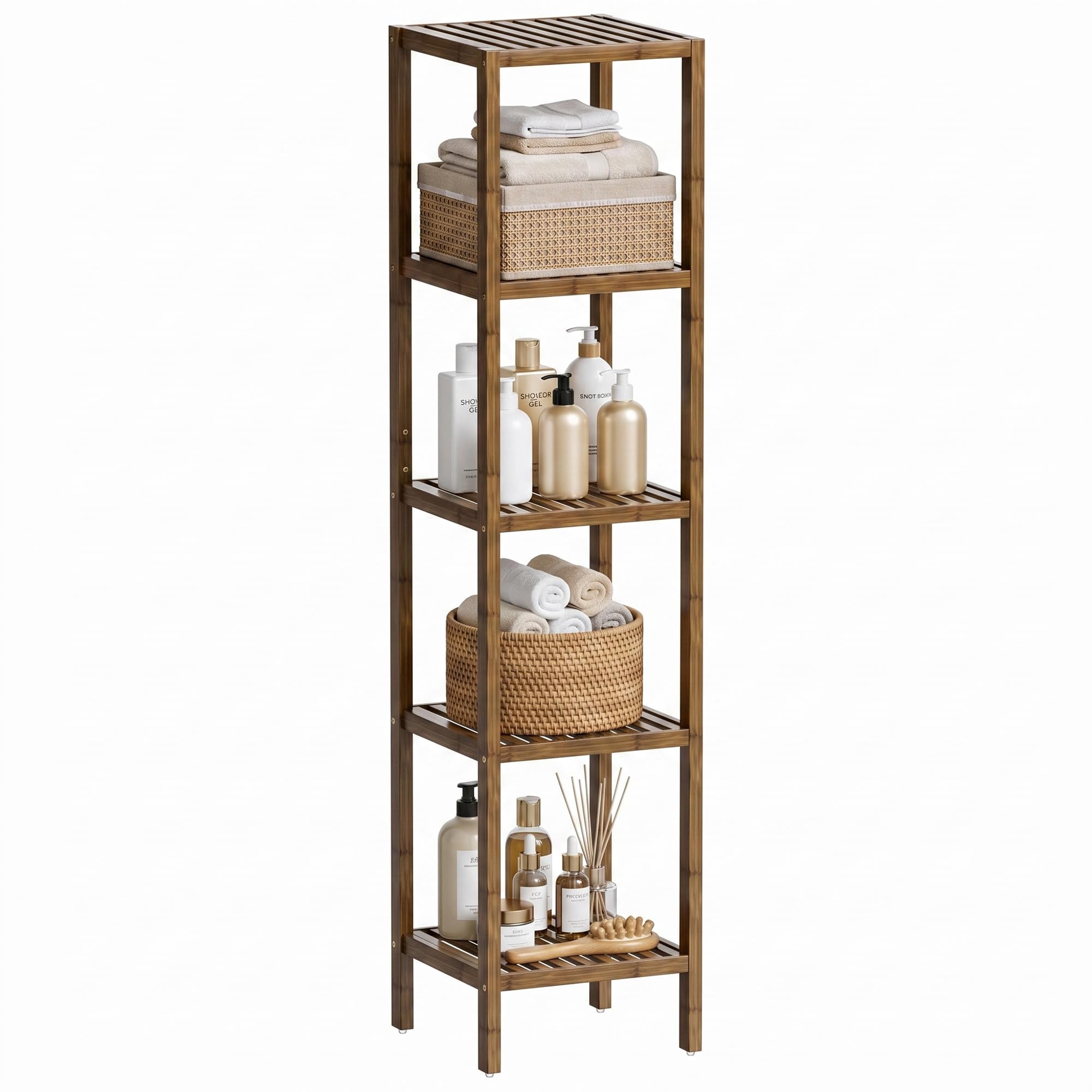 SMIBUY Badezimmer-Aufbewahrungsregal, 5 Ebenen, Bambusregal, Organizer, multifunktionales Regal für Wohnzimmer, Schlafzimmer, Küche (Walnuss)