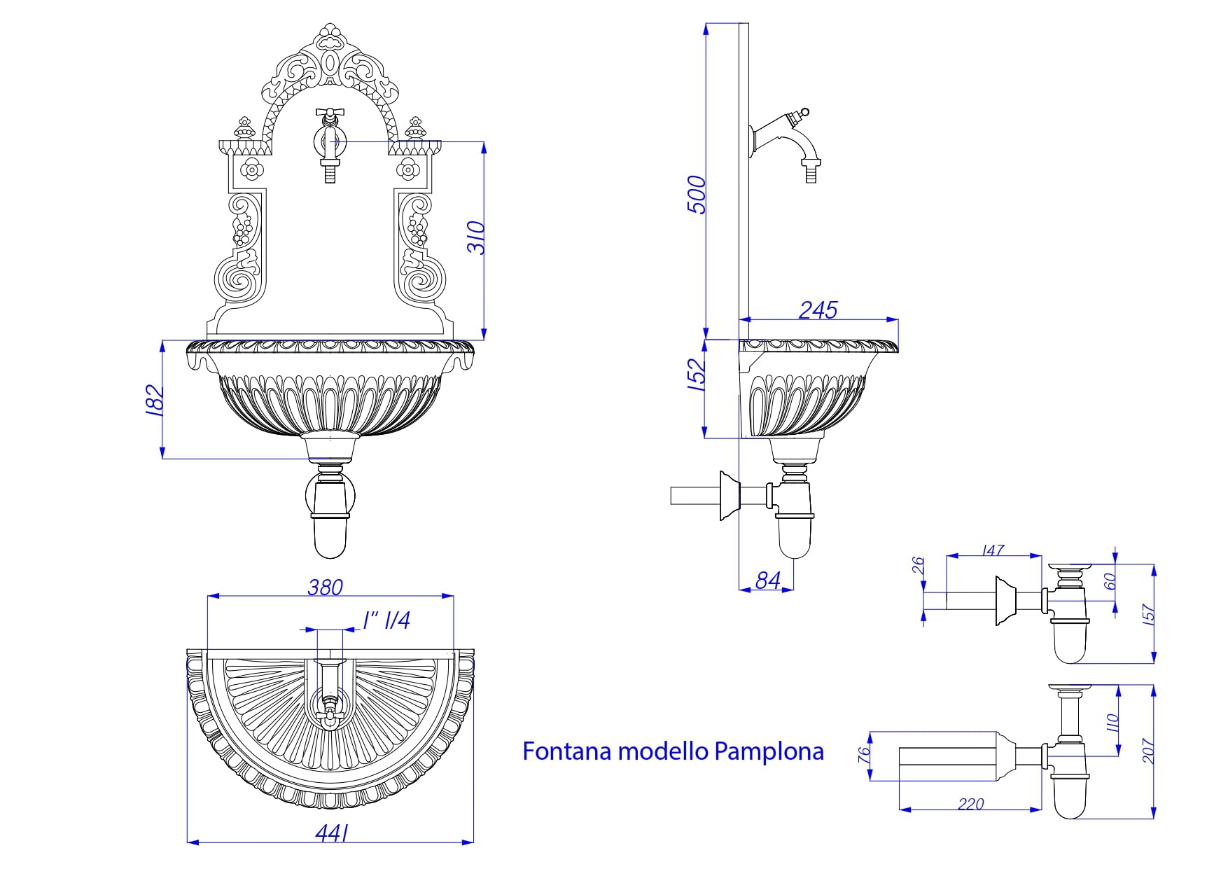 Fonderia Bongiovanni | Gartenbrunnen | Wandbrunnen | Modell Pamplona | mit Wasserhahn | Siphon aus Messing für Haus Garten | Brunnen für den Außenbereich | Verchromt
