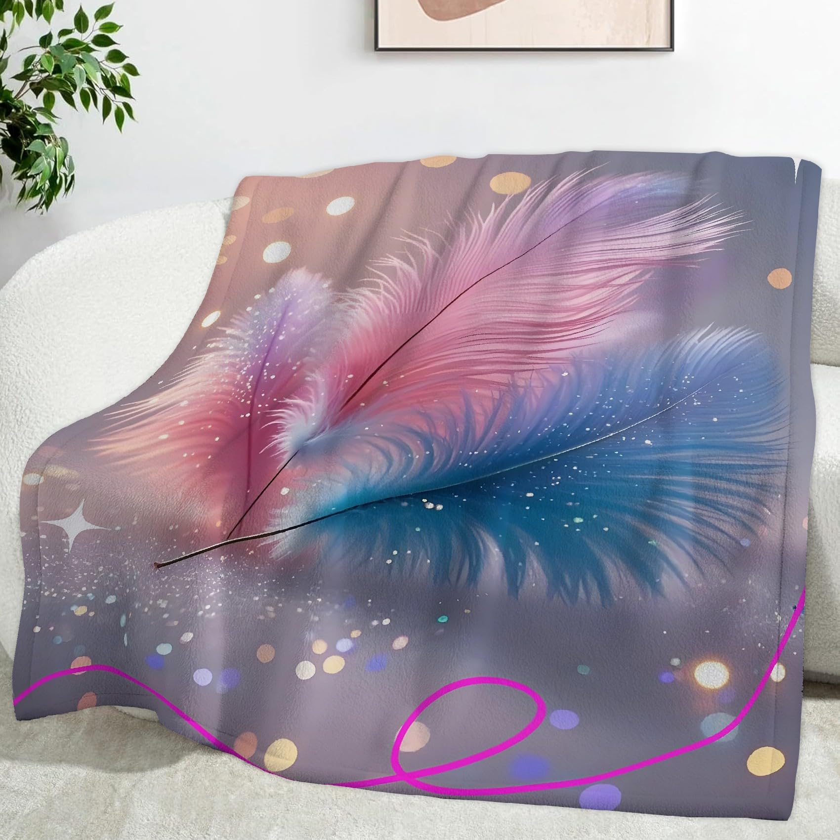 Generisch Puszysty koc z niebieskimi i różowymi piórami 220 x 240 cm, miękki i dwustronny koc polarowy w gwiazdy, idealny koc na sofę dla wszystkich, przytulny koc na sofę i łóżko SF480