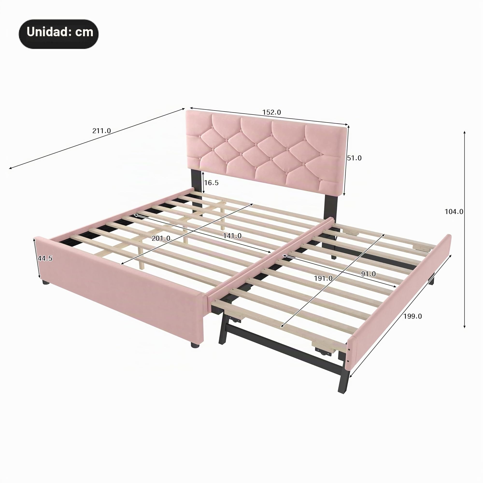 Dolamaní Cama tapizada para cama de matrimonio de 140 x 200 cm de terciopelo con cama nido de la misma altura, se puede instalar a la izquierda o a la derecha, minimalista para jóvenes y adultos (rosa