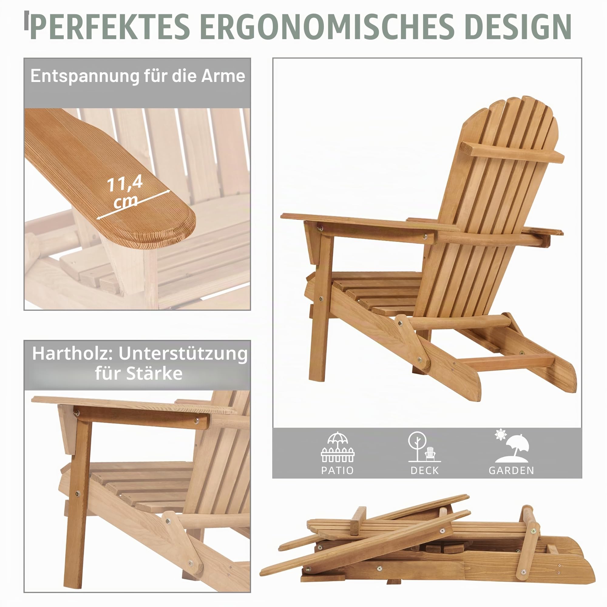 SoliWood Adirondack Stuhl aus Holz 2er-Set, Wetterfester Gartenstuhl mit Breiten Armlehnen, Ergonomischer Outdoor Relaxstuhl für Garten Terrasse Balkon Strand Veranda, Holz Adirondack Chair