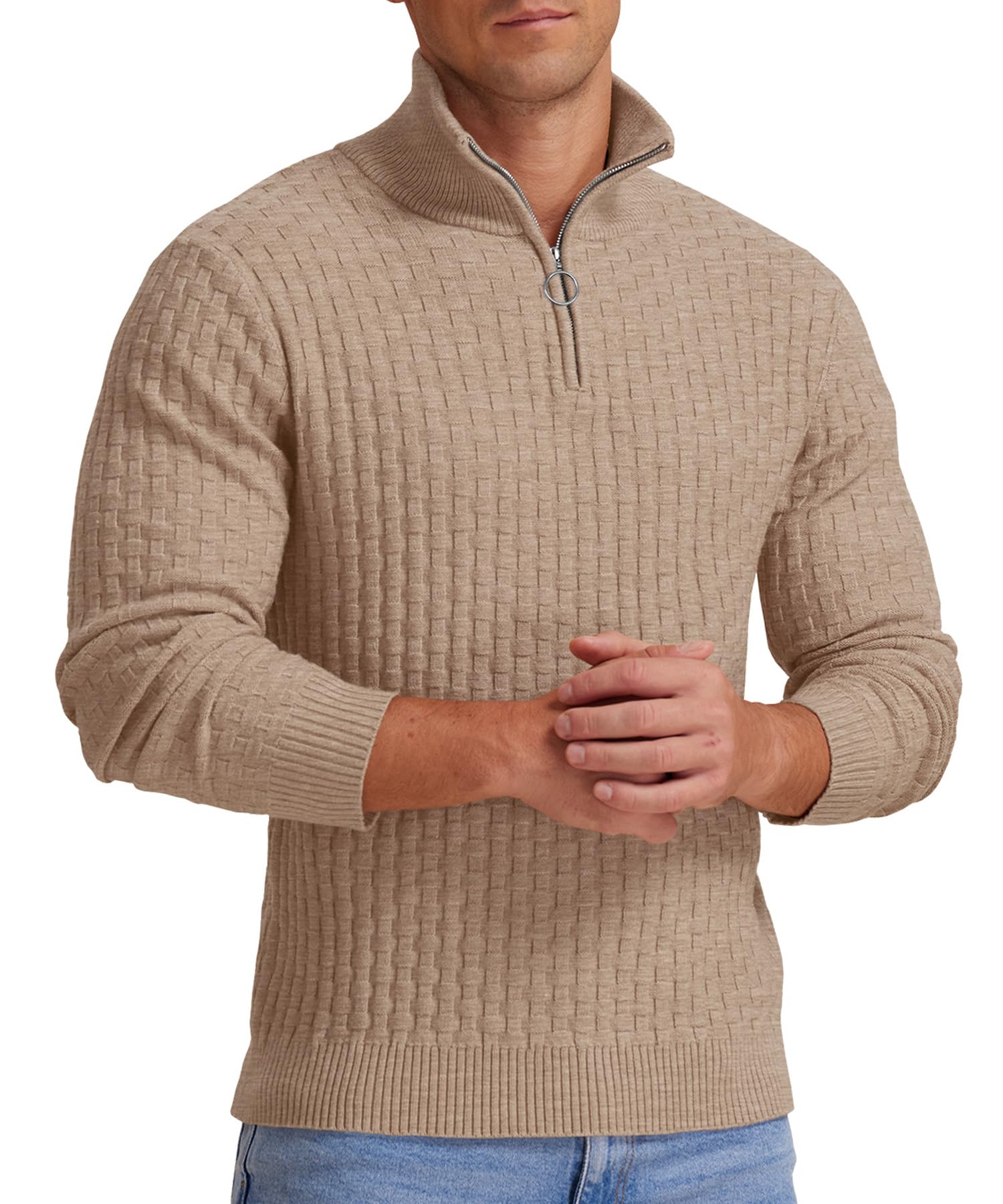 QIXING Jersey de punto para hombre, cuello medio, grueso, informal, con cremallera 1/4