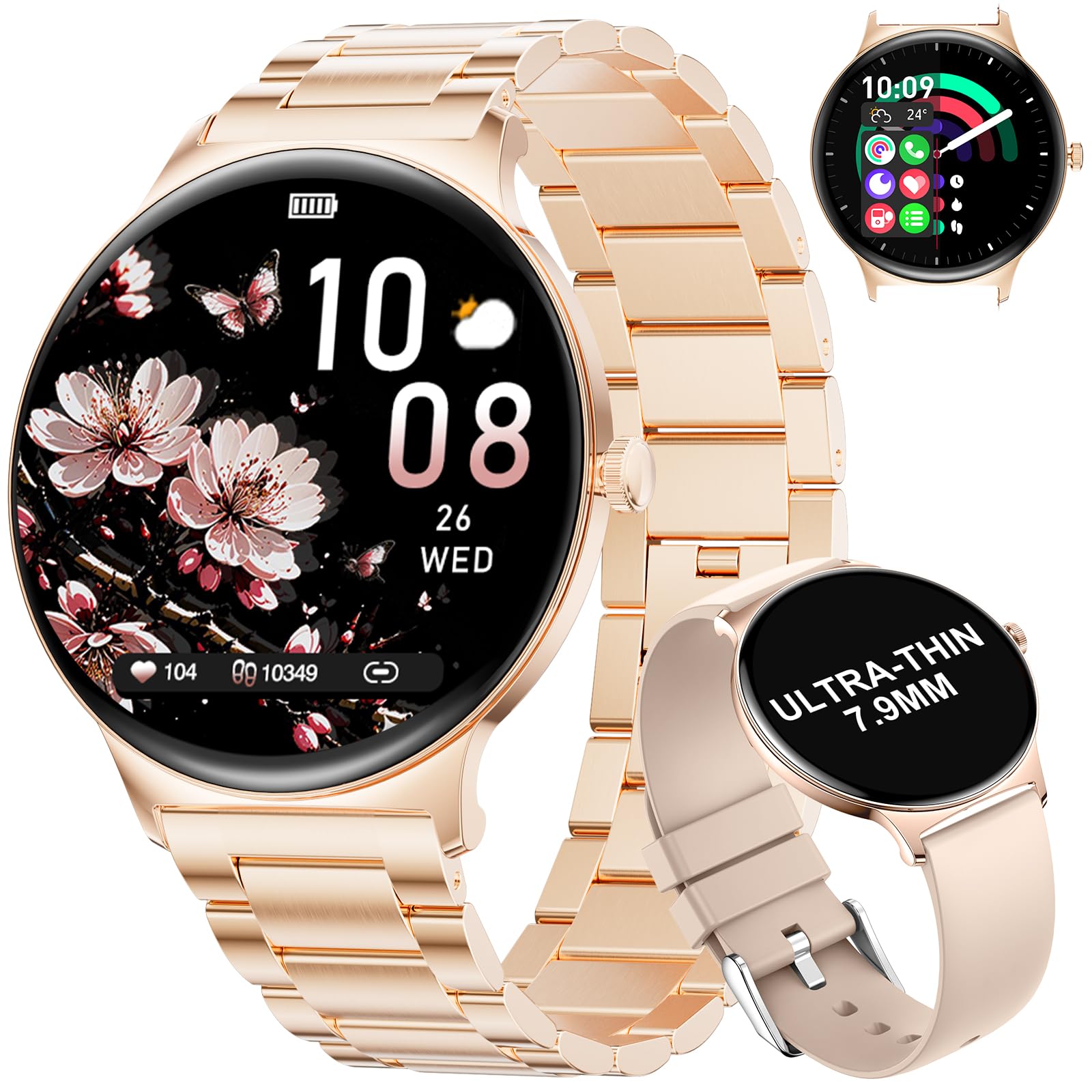 BENYAR SMART Reloj Inteligente Mujer con Llamadas Bluetooth, 1.43" AMOLED Smartwatch Mujer Función Femenina, 120+ Modos Deportivos,Monitor de Sueño,IP68 Fitness Tracker para iOS Android Oro Rosa