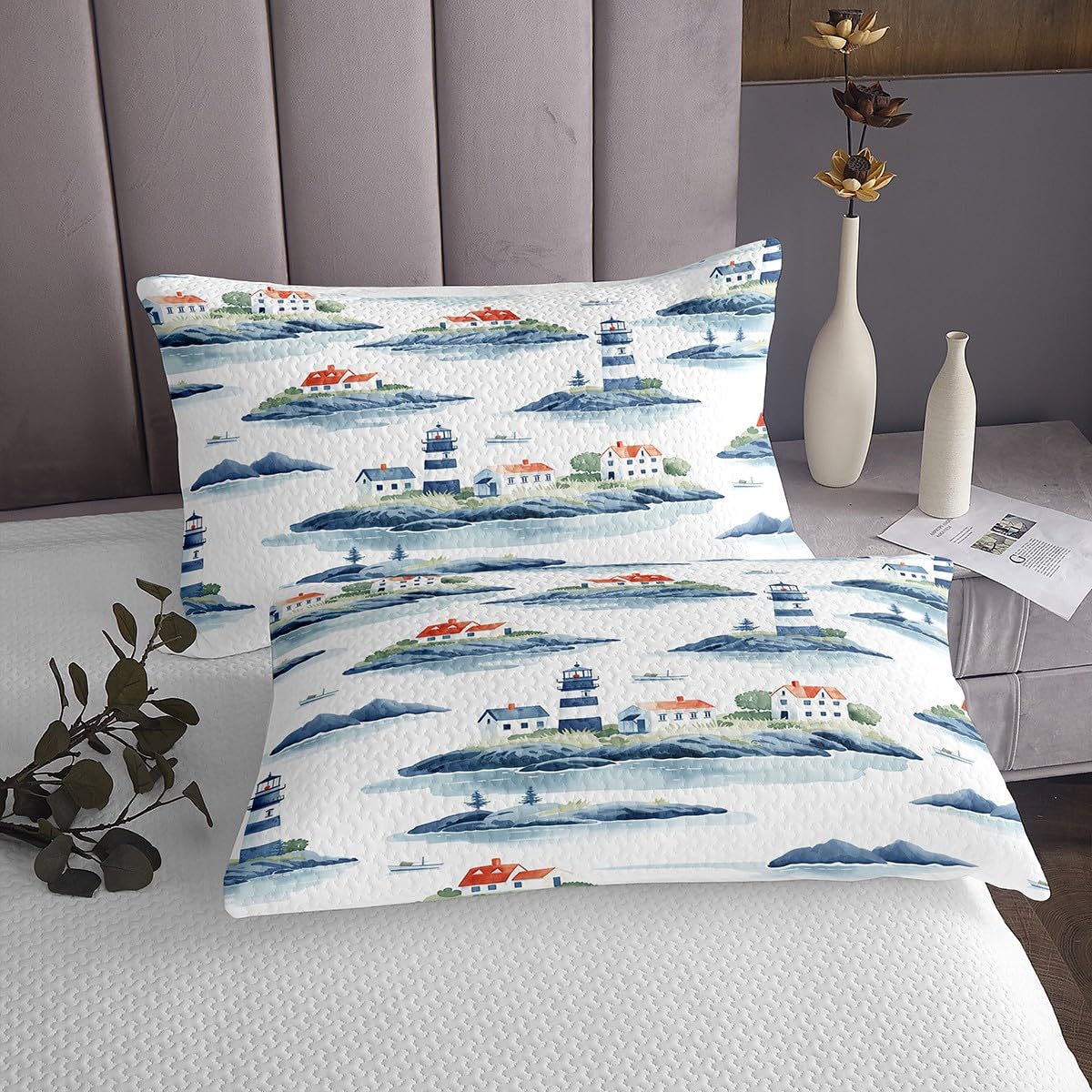 Set di biancheria da letto con copriletto trapuntato con faro nautico e città sul mare, per bambini, adolescenti, adulti, stile retrò, set di biancheria da letto, set da 2 pezzi