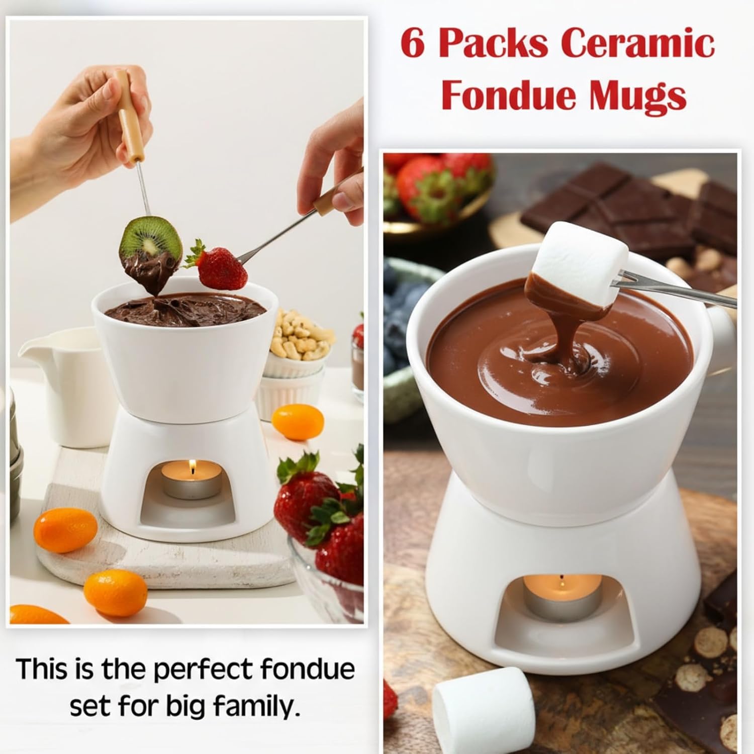 Mudder 6 Pcs Fondue Mug Ceramic Pot and 24 Pcs Forks Set, White