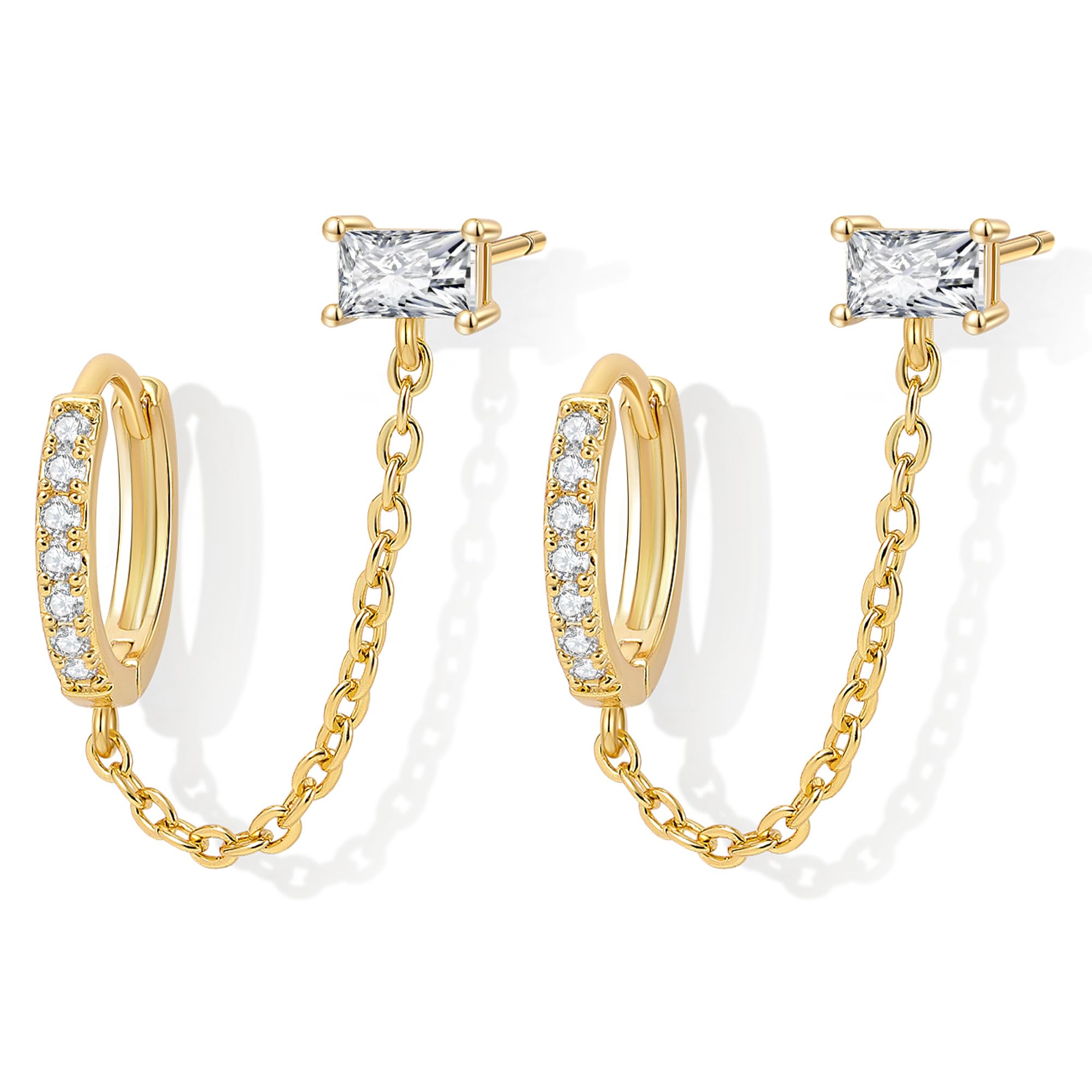 Condition photo showing Good Condition for double piercing chain earrings for wome 18k gold plated 925 sterling silver dangle chain huggie hoop earrings with cubic zirconia stones simulated cz earrings with rectangular cut