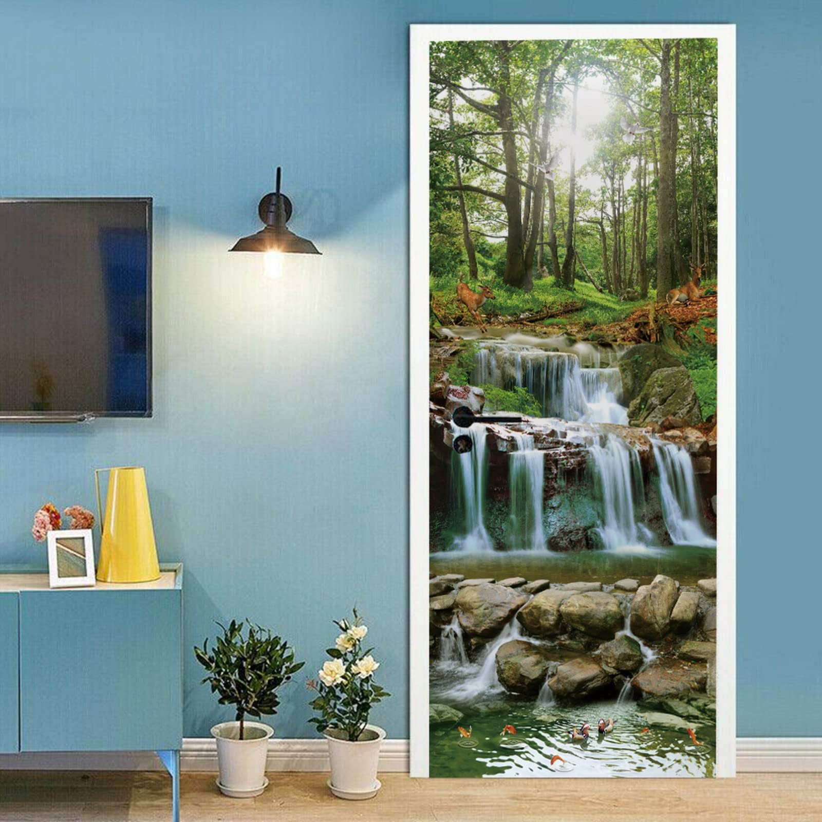 A.Monamour Pegatinas de Puerta Autoadhesivo 3D Cascada Cascada En El Bosque Con La Luz Del Sol A Través De Los Árboles Paisajes Naturales Vinilo para Puertas Mural PVC Pared Foto Poster 95 x 215 cm