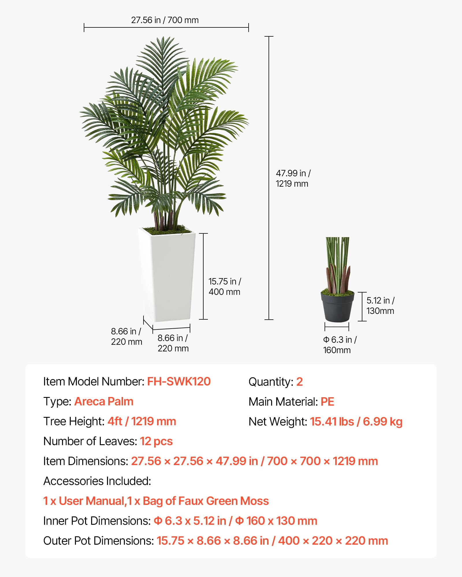 VEVOR Palma Areca Artificiale 1219 mm, Confezione da 2, Pianta Tropicale Finta con Fioriera Bianca Alta, Pianta Finta in Seta da Pavimento in Vaso, Grandi Alberi per Casa, Ufficio, Interno ed Esterno