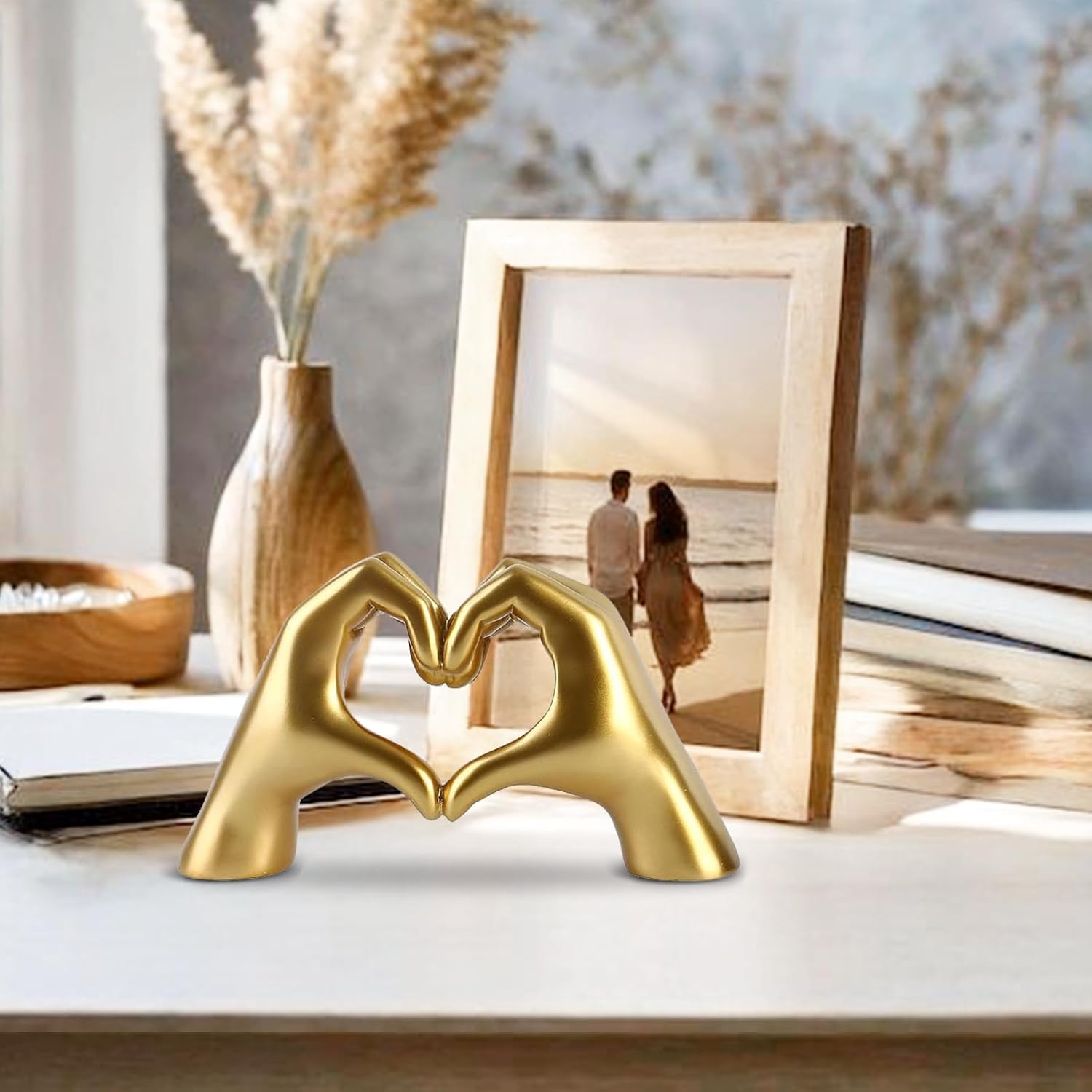 Gold Home Decor, Heart Hands Sculpture for Living Room Bedroom Bookshelf Shelves Office Desk Table Decorations, Resin Love Finger Statue, Memorial Gift for Families Friends (Medium) - Image 4