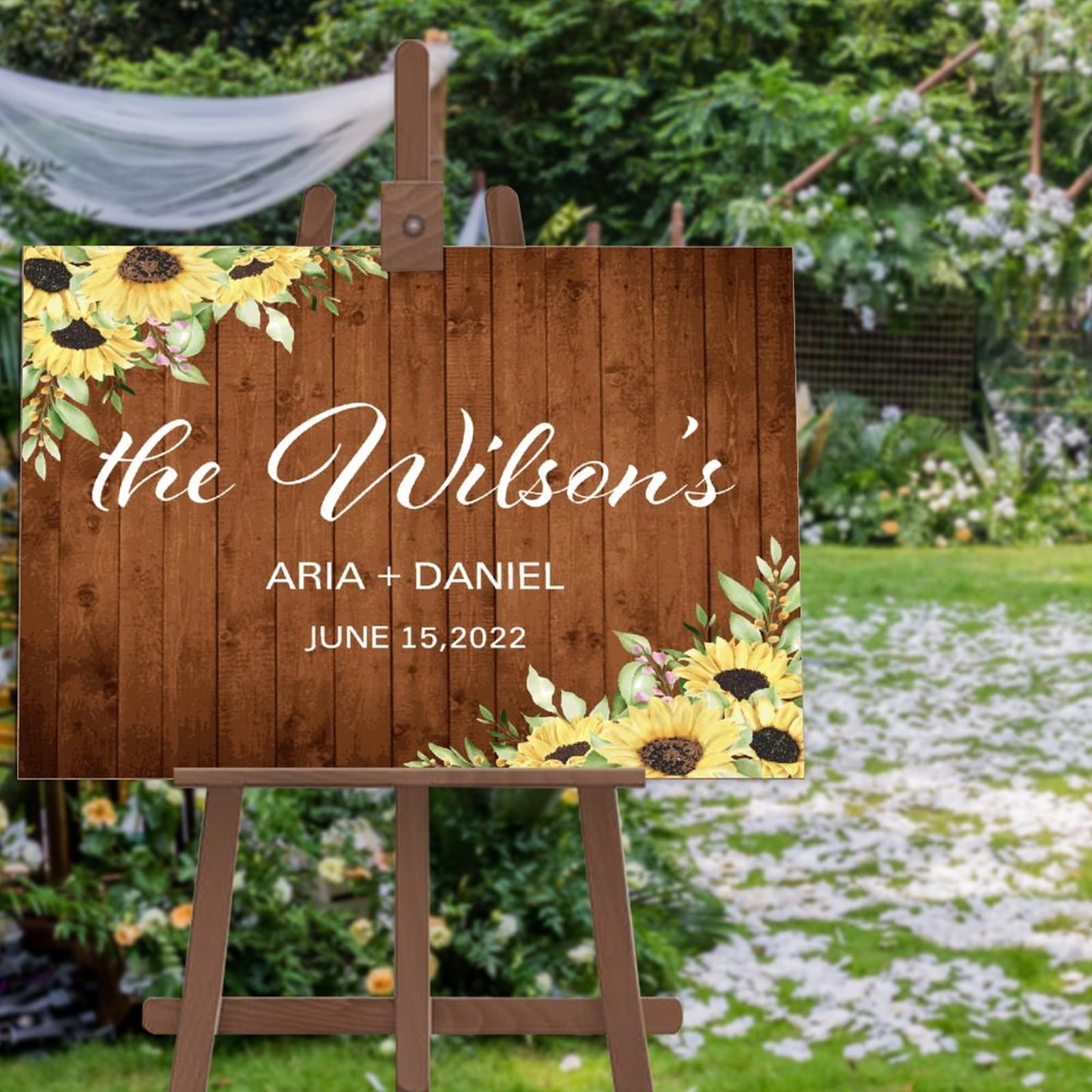 Panneau de bienvenue mariage en bois vintage tournesols 50cm