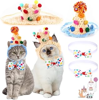 Ganeen 4 Pack Cat Birthday Hat Bowtie Collar Set Party Outfit for Pets | Handmade Crochet with Colorful Pom Poms, Adjustable Elastic Kittens Rabbits, Photo Costume Accessory Party Celebrations