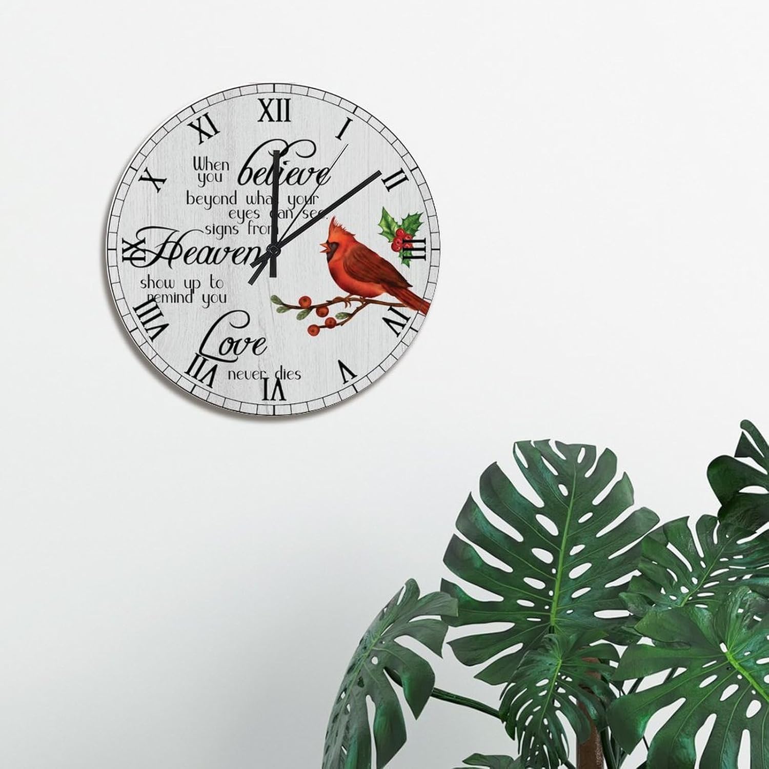 Cardinal Red Birds Wall Clock Love Never Dies 15 Inch Round Wall Clocks Battery Operated Silent Christmas Wall Decor Home Decor for Living Room Kitchen Bedroom Office