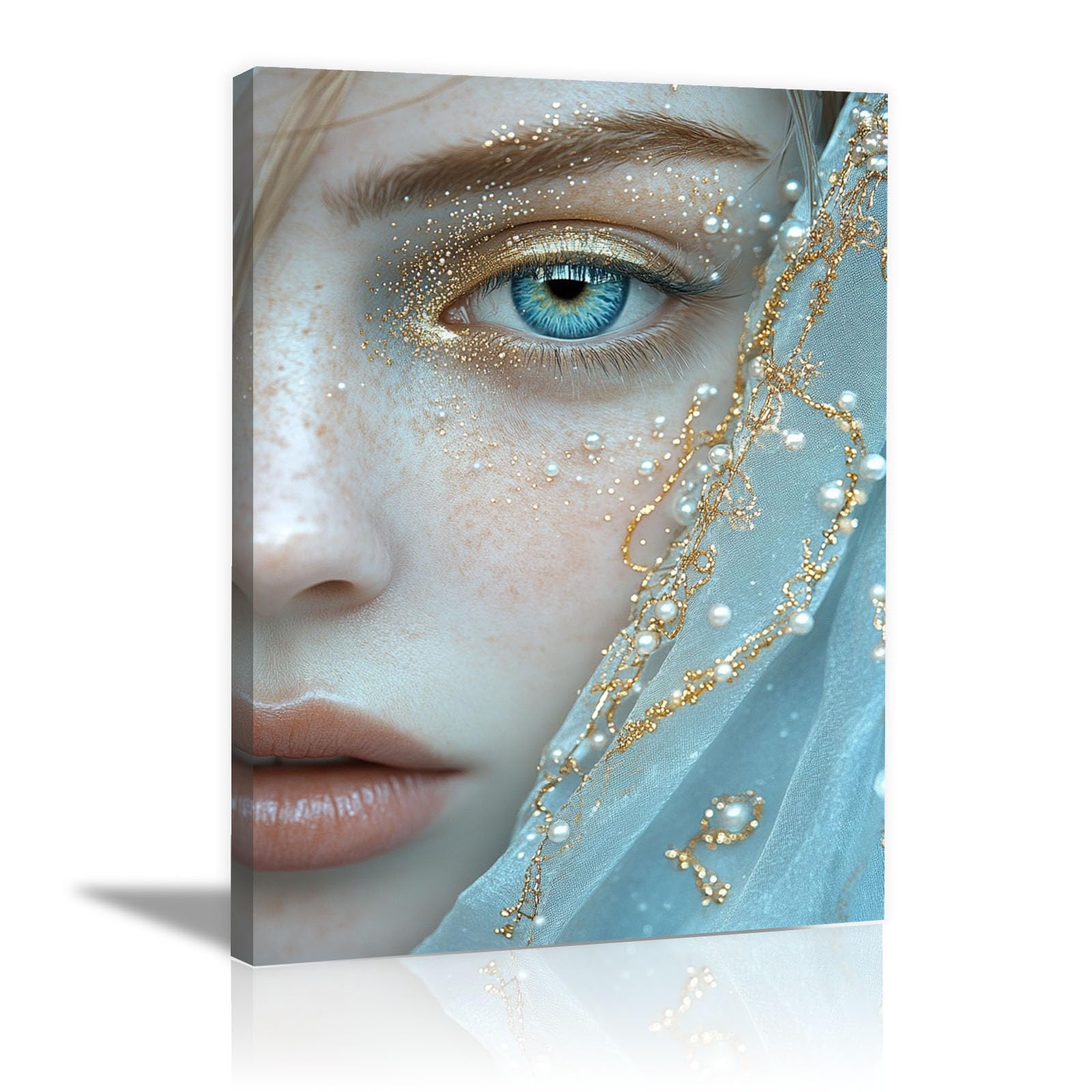 TERUEA Vintage Bathroom Wall Art - Woman with Blue Eyes Pearl Veil and Gold Glitter Vintage Humor Wall Poster for Bathroom Toilet Decor(Blue)-60x90cm Framed