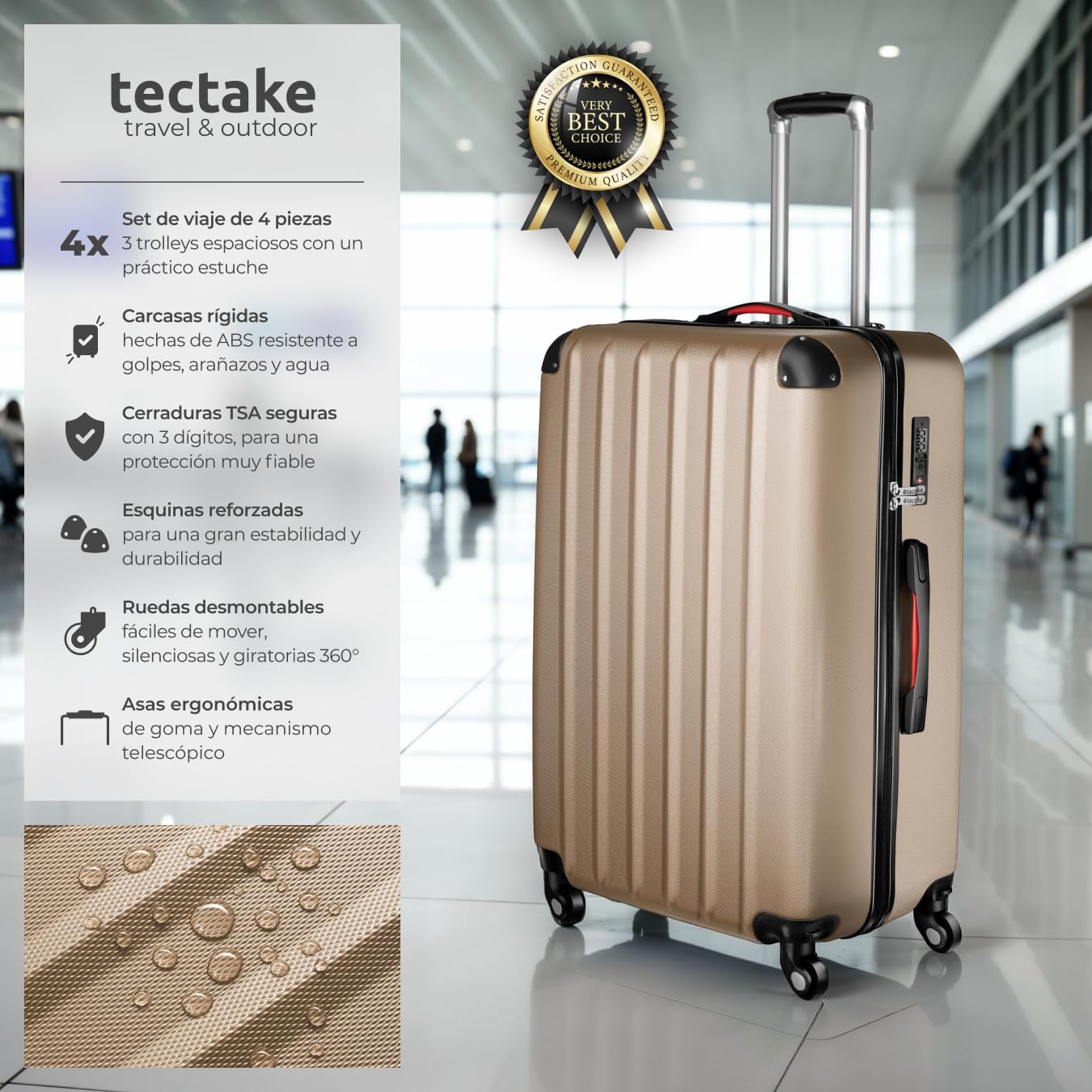tectake® Juego de 3 Maletas Rígidas de Plástico ABS y 1 Neceser, Tamaños XL-L-M, Set Maletas Viaje con Ruedas 360º Extraíbles, Cerradura de Combinación TSA, Asas Laterales y Asa Telescópica - champán